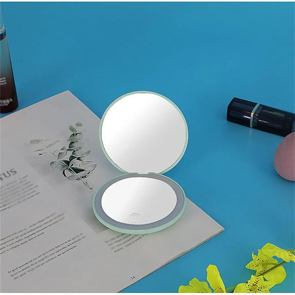 Portable LED Light Makeup Mirror Dresser Compact Light Makeup Pocket Mirror Makeup Hand Folding Mirror, 9*1.8cm