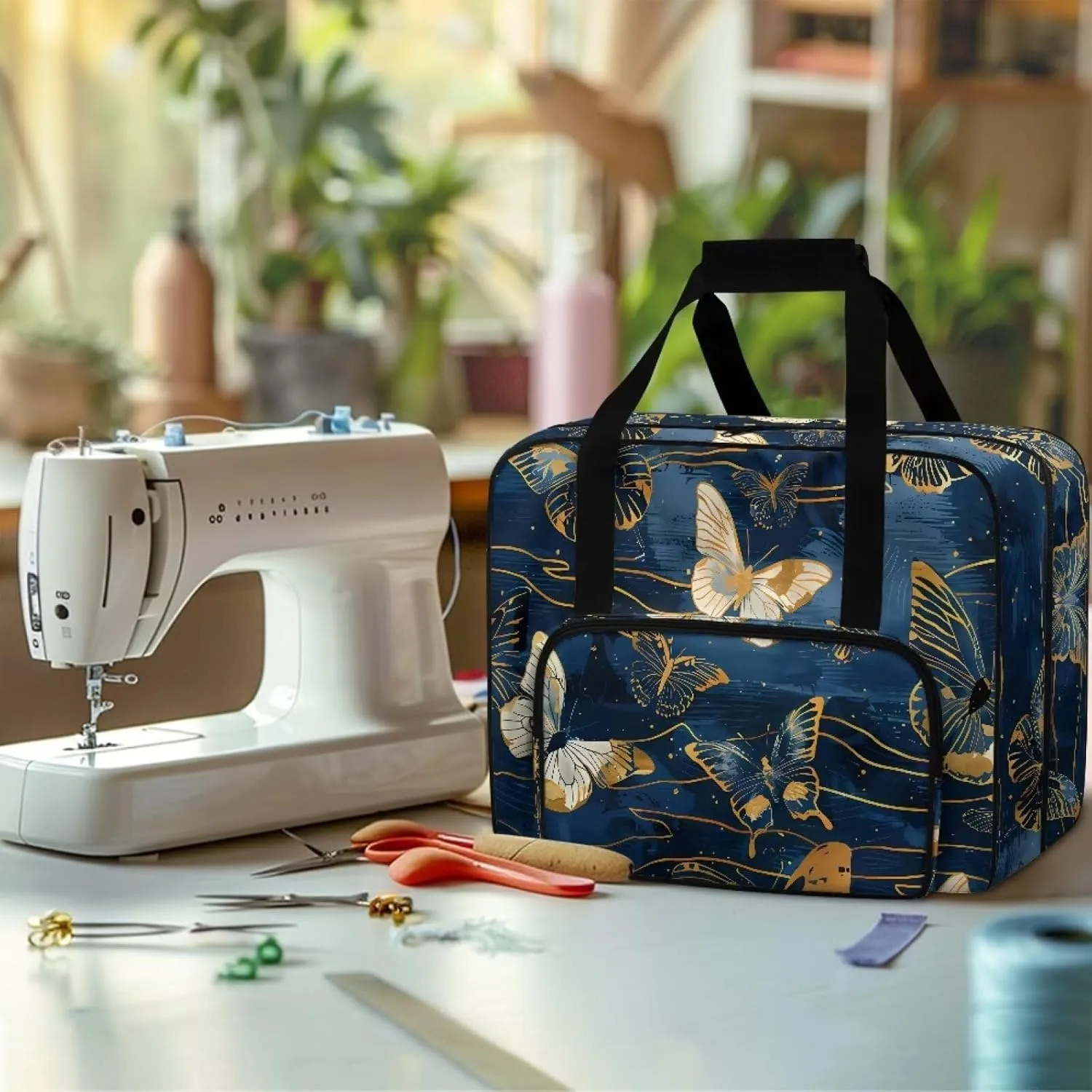 Portable Sewing Machine Handbag Sewing Machine Case with Pockets Blue Butterfly Travel Tote with Handles for Most Sewing Machines and Extra Sewing Accessories