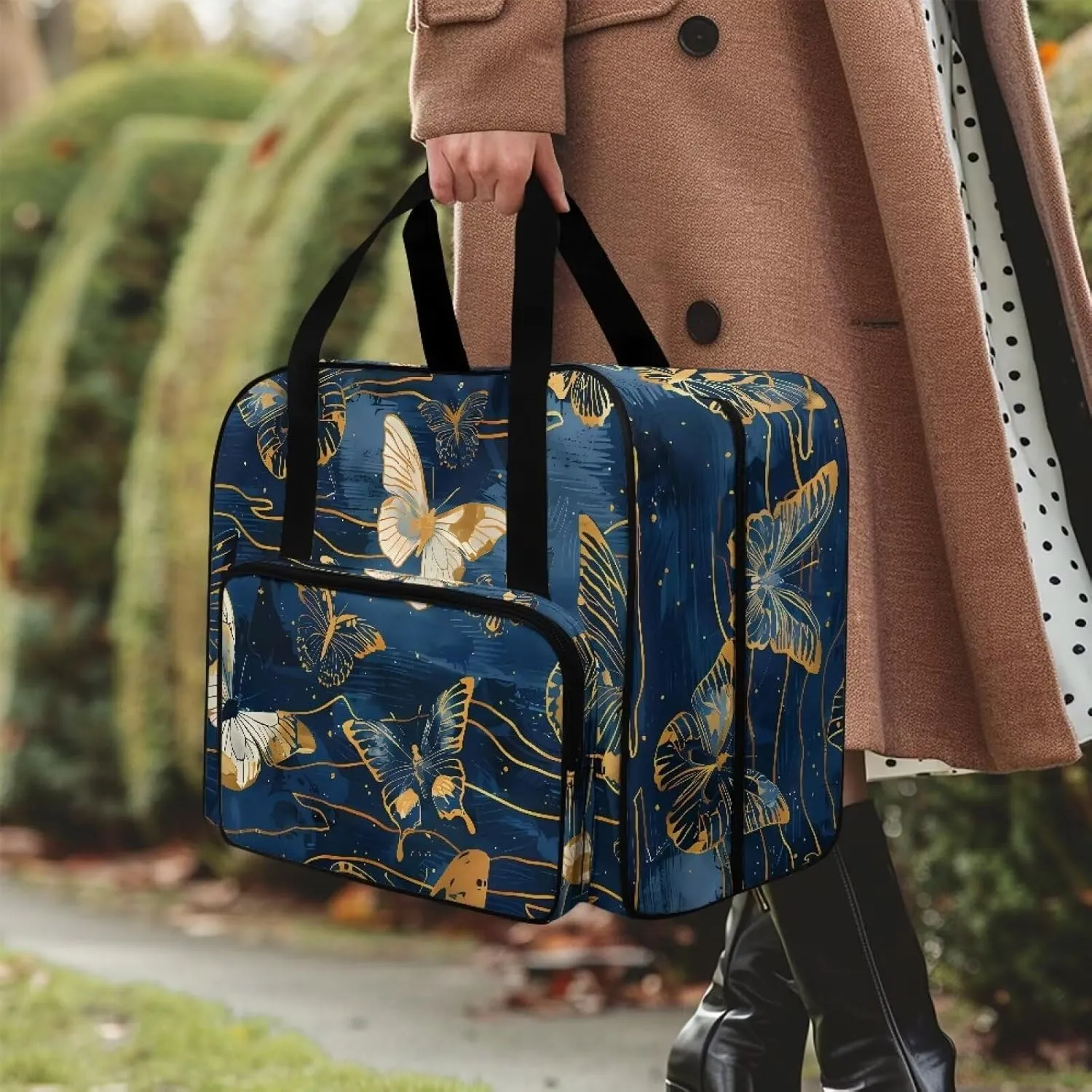 Portable Sewing Machine Handbag Sewing Machine Case with Pockets Blue Butterfly Travel Tote with Handles for Most Sewing Machines and Extra Sewing Accessories