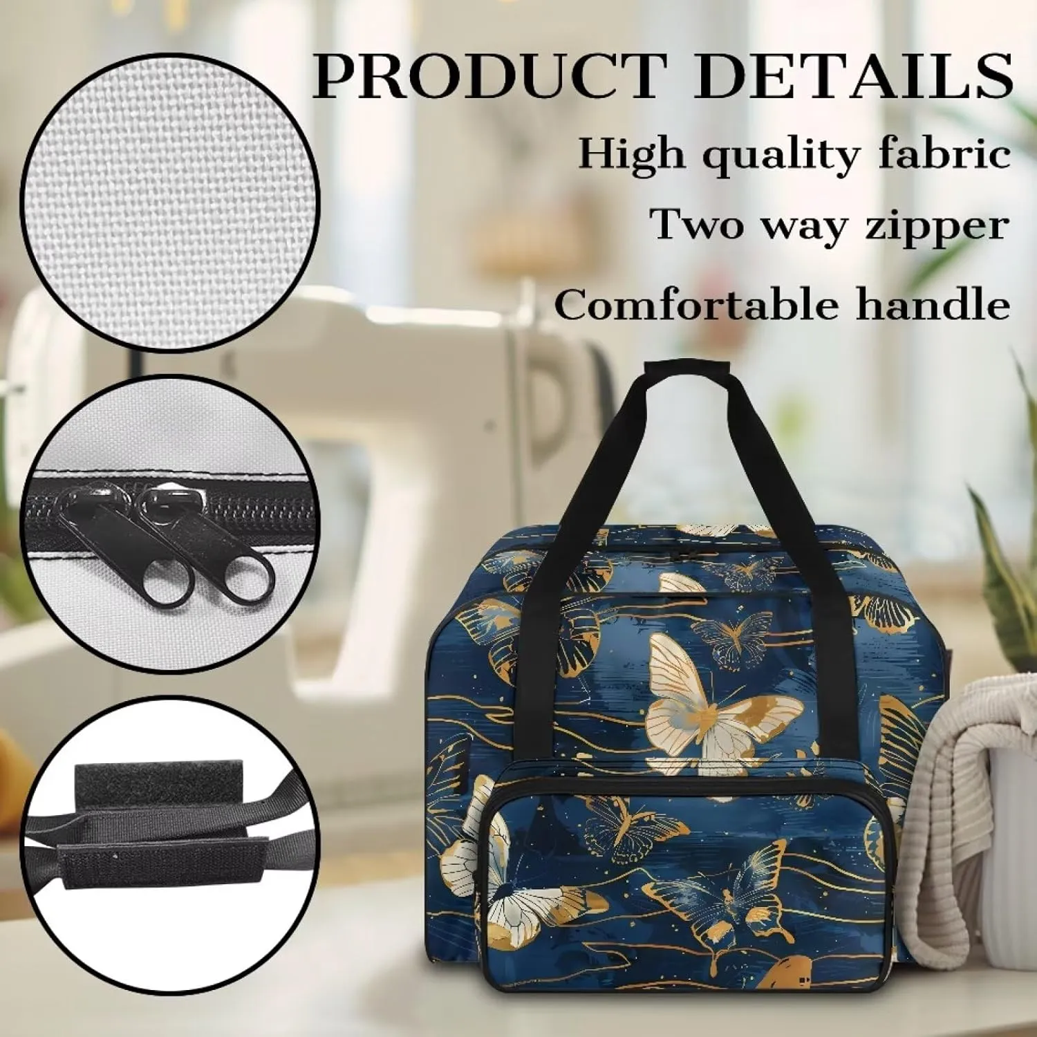 Portable Sewing Machine Handbag Sewing Machine Case with Pockets Blue Butterfly Travel Tote with Handles for Most Sewing Machines and Extra Sewing Accessories