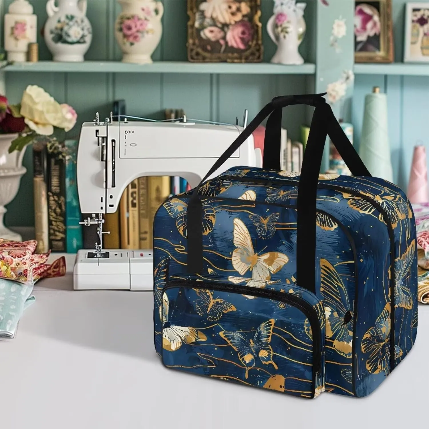 Portable Sewing Machine Handbag Sewing Machine Case with Pockets Blue Butterfly Travel Tote with Handles for Most Sewing Machines and Extra Sewing Accessories