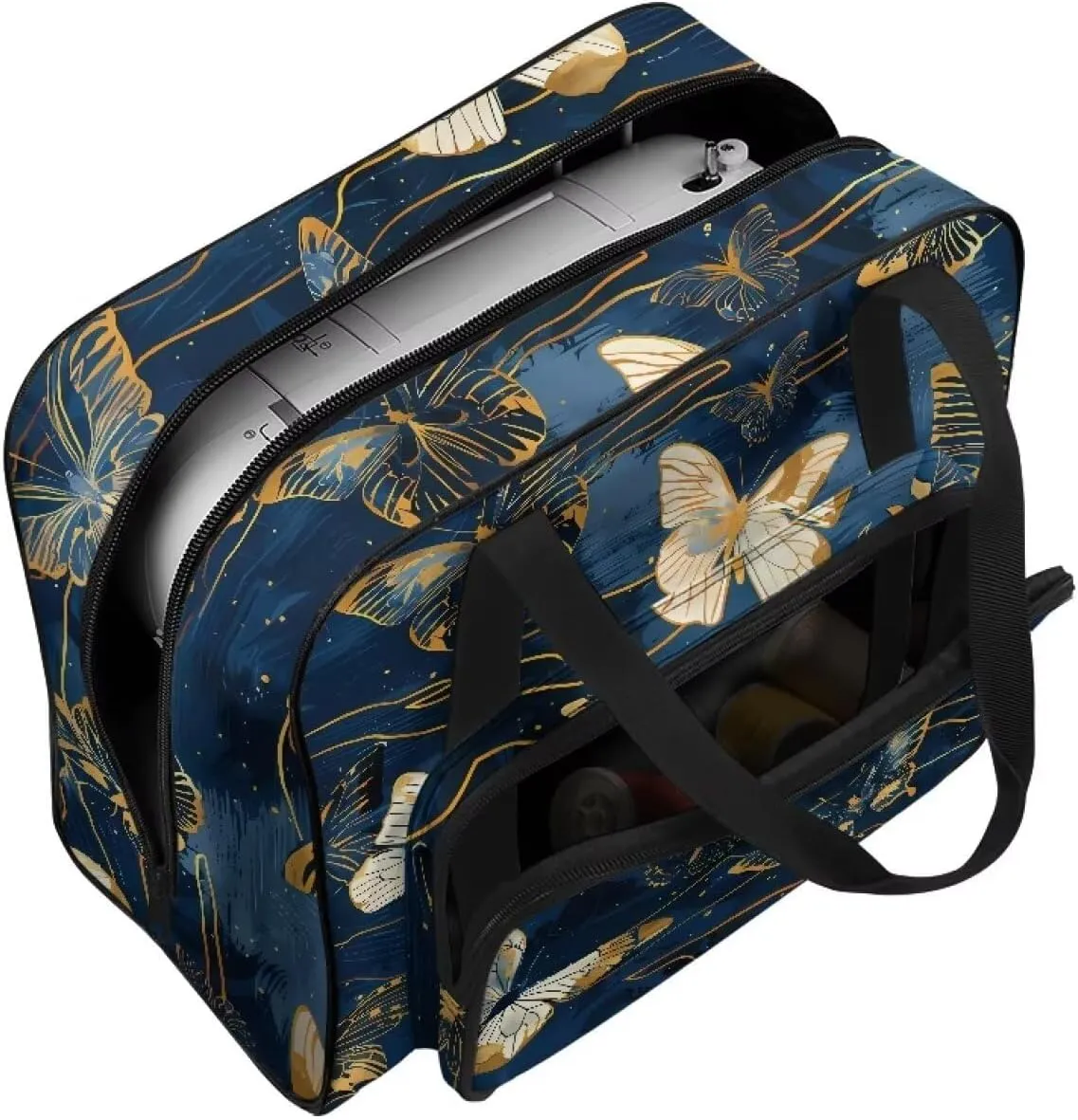 Portable Sewing Machine Handbag Sewing Machine Case with Pockets Blue Butterfly Travel Tote with Handles for Most Sewing Machines and Extra Sewing Accessories
