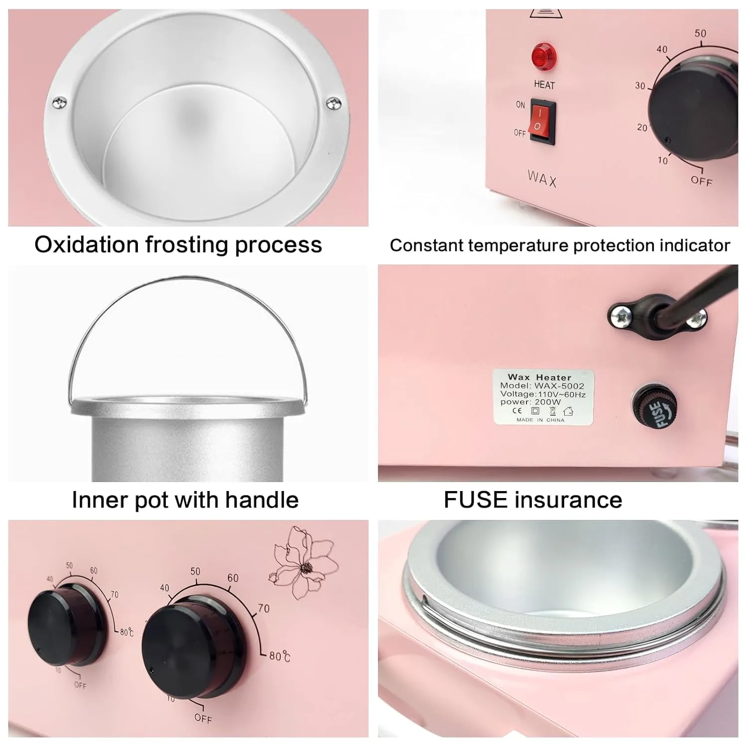 Portable Wax Warmer Machine for Painless Hair Removal, Women Men Professional Wax Heater with Adjustable Temperature Set, 40pcs Sticks (Pink - Double Pots)