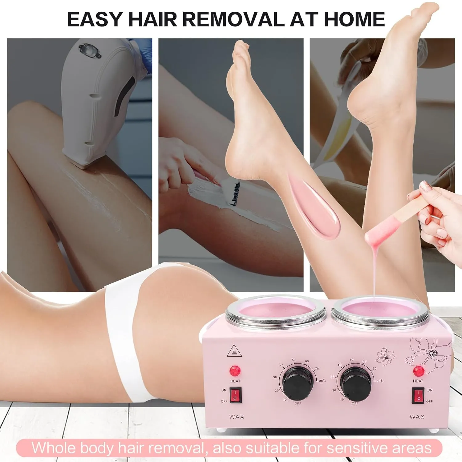 Portable Wax Warmer Machine for Painless Hair Removal, Women Men Professional Wax Heater with Adjustable Temperature Set, 40pcs Sticks (Pink - Double Pots)