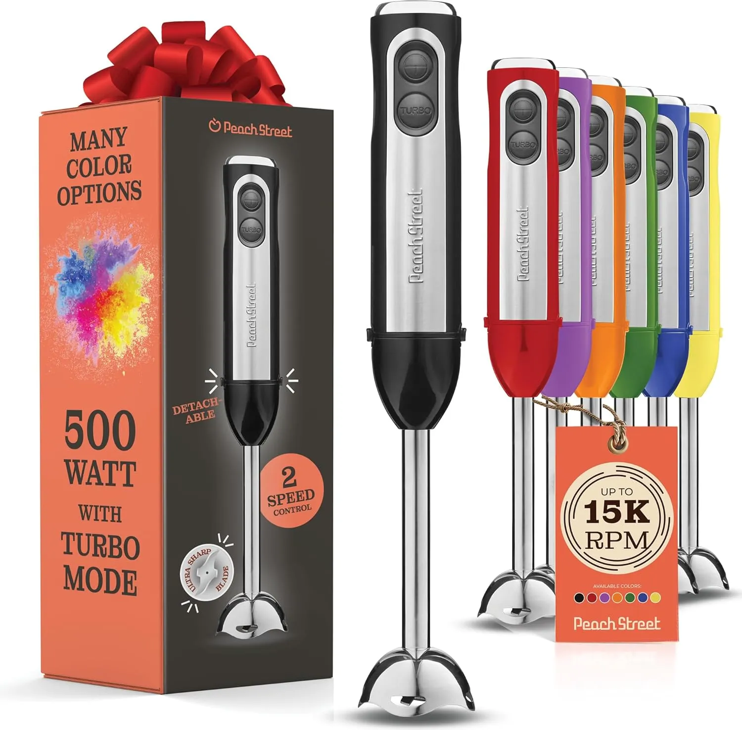 Powerful Immersion Blender, Electric Hand Blender 500 Watt with Turbo Mode, Detachable Base. Handheld Kitchen Gadget Blender Stick for Soup, Smoothie, Puree, Baby Food, 304 Stainless Steel Blades