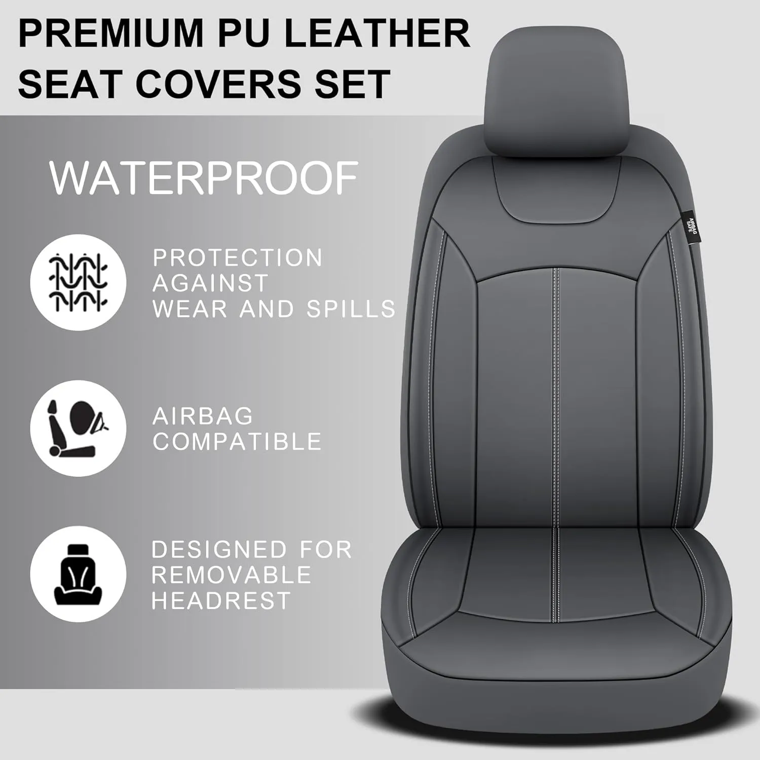 Premium Leather Car Seat Covers Full Seats, Waterproof Front Seat Covers and Split Rear Bench Seat Covers for Cars,Universal Automotive Interior Covers for Sedan SUV Truck Van Pick-up,Gray