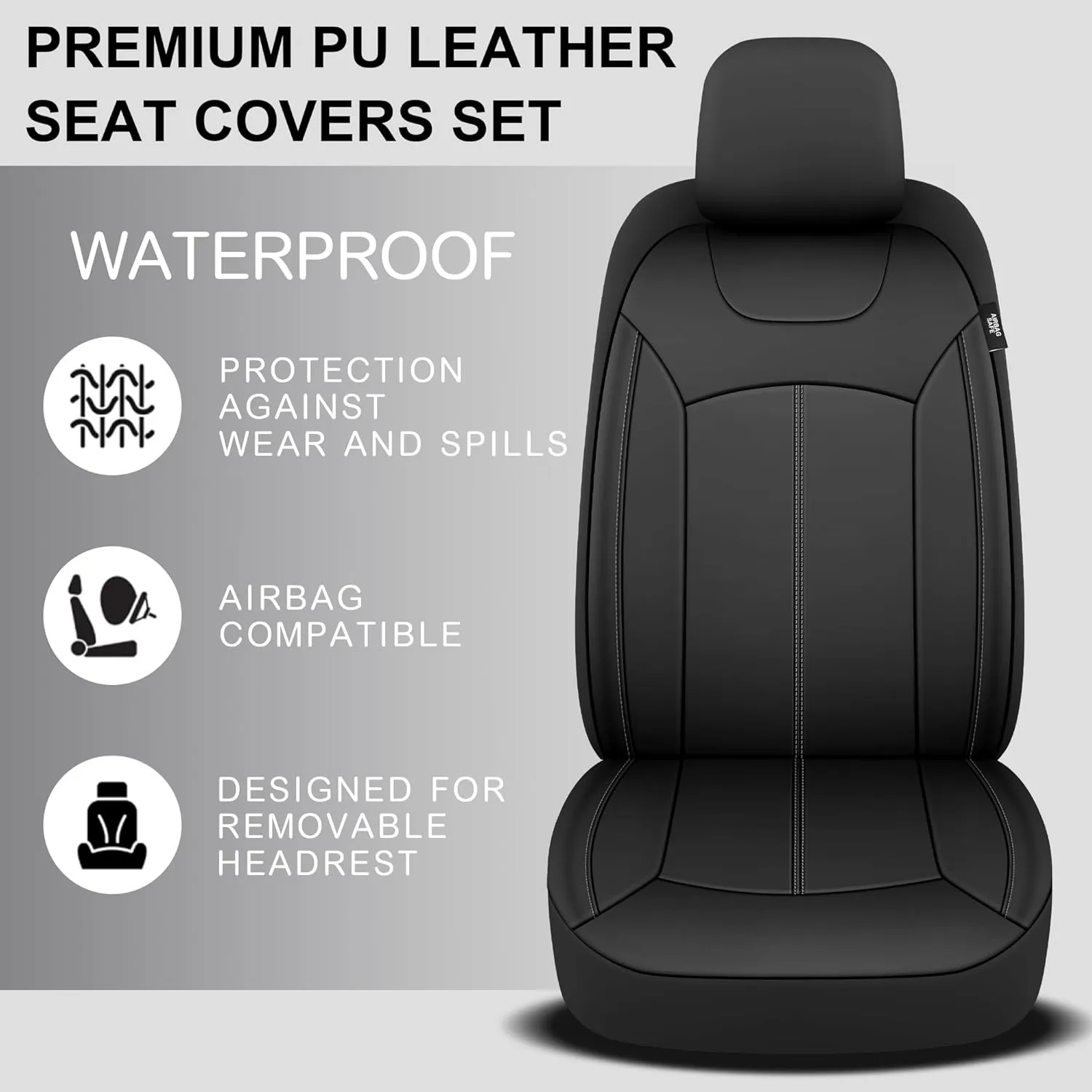 Premium Leather Car Seat Covers Full Set, Waterproof Front Seat Covers and Split Rear Bench Seat Covers for Cars,Universal Automotive Interior Covers for Sedan SUV Truck Van Pick-up, Black