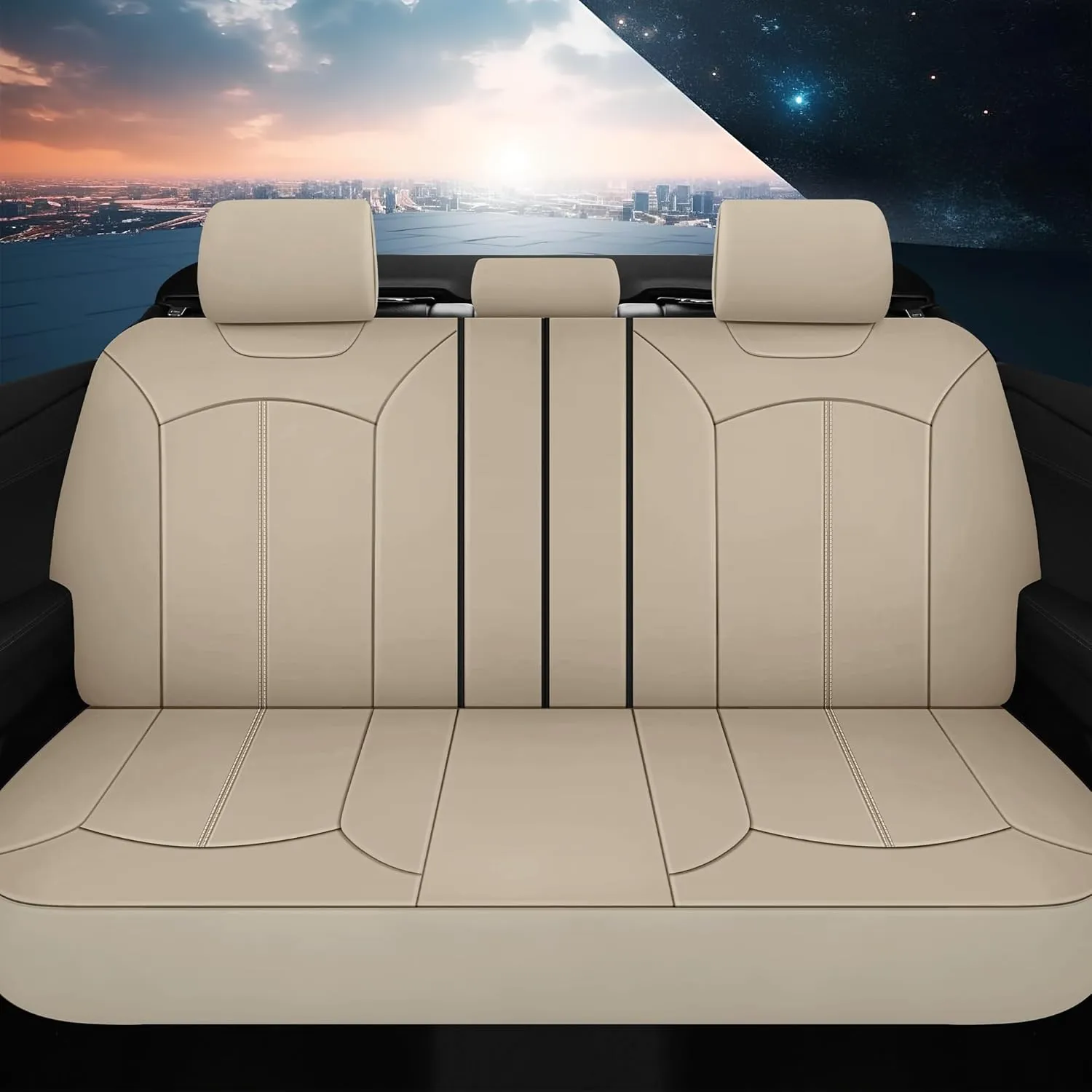 Premium Leather Car Seat Covers Full Set, Waterproof Full Seat and Split Rear Bench Seat Covers for Cars,Universal Automotive Interior Covers for Sedan SUV Truck Van Pick-up, Beige