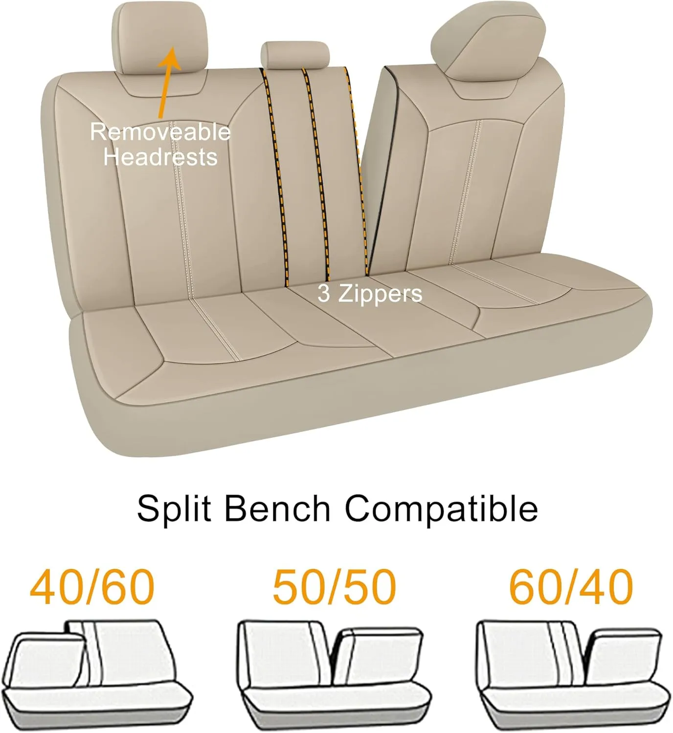 Premium Leather Car Seat Covers Full Set, Waterproof Full Seat and Split Rear Bench Seat Covers for Cars,Universal Automotive Interior Covers for Sedan SUV Truck Van Pick-up, Beige