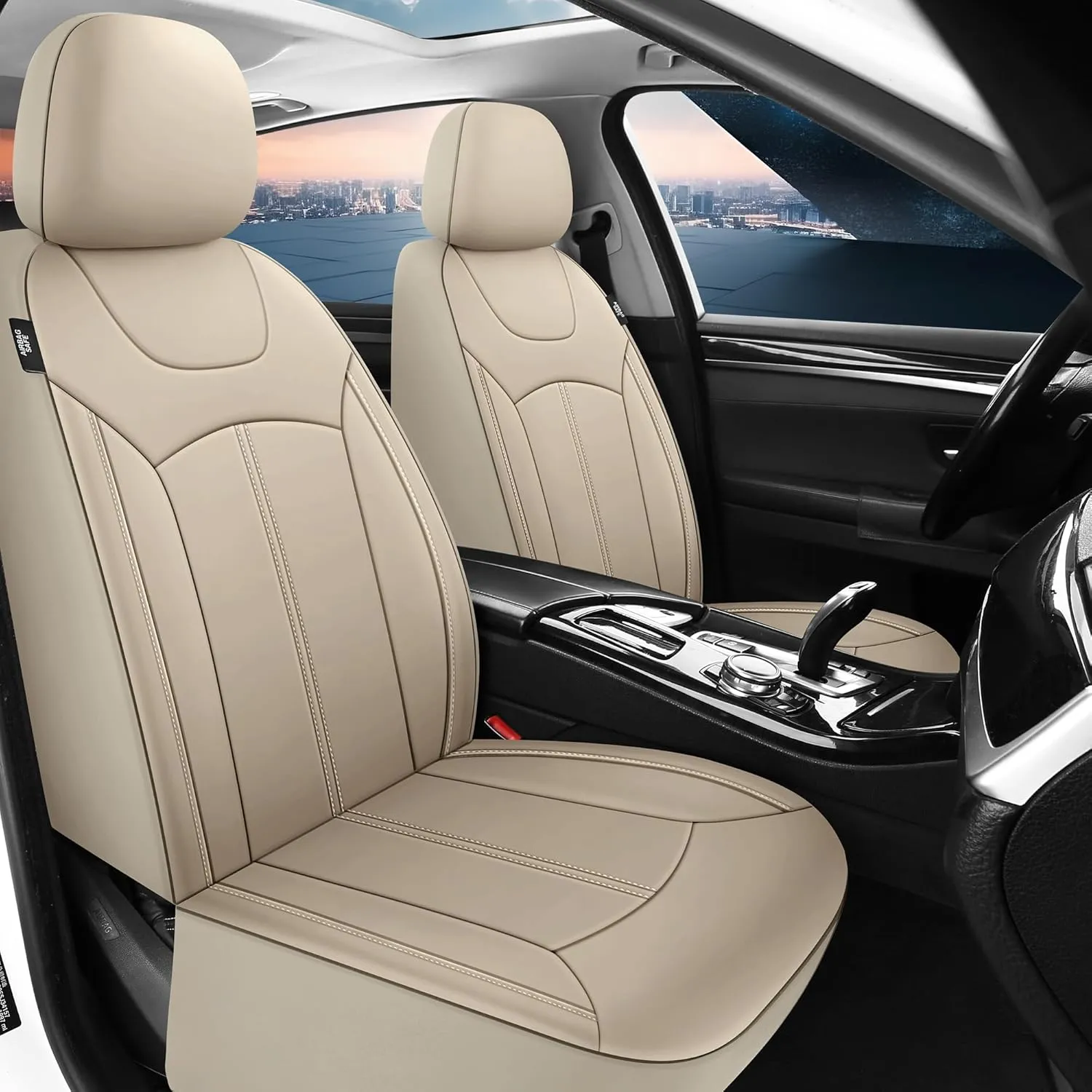 Premium Leather Car Seat Covers Full Set, Waterproof Full Seat and Split Rear Bench Seat Covers for Cars,Universal Automotive Interior Covers for Sedan SUV Truck Van Pick-up, Beige