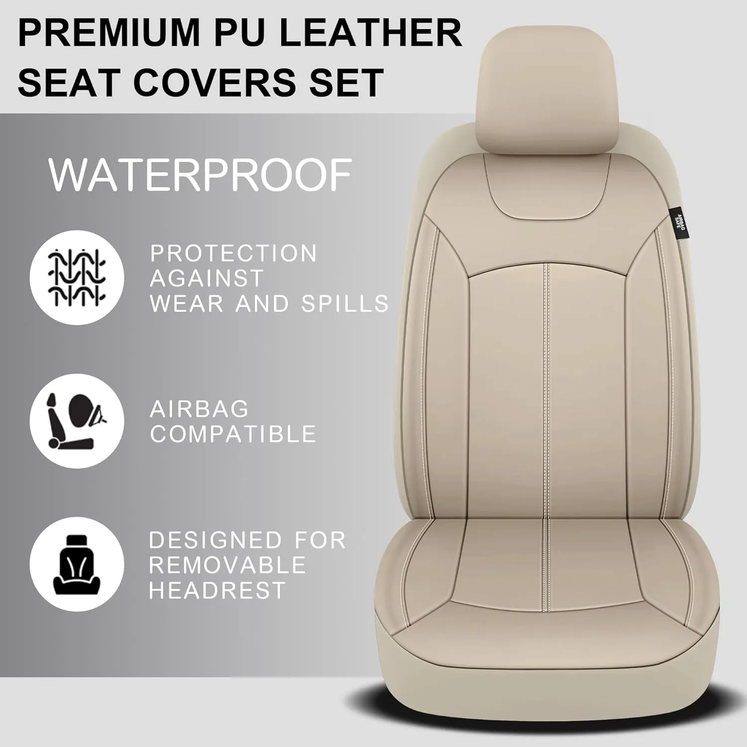 Premium Leather Car Seat Covers Full Set, Waterproof Full Seat and Split Rear Bench Seat Covers for Cars,Universal Automotive Interior Covers for Sedan SUV Truck Van Pick-up, Beige