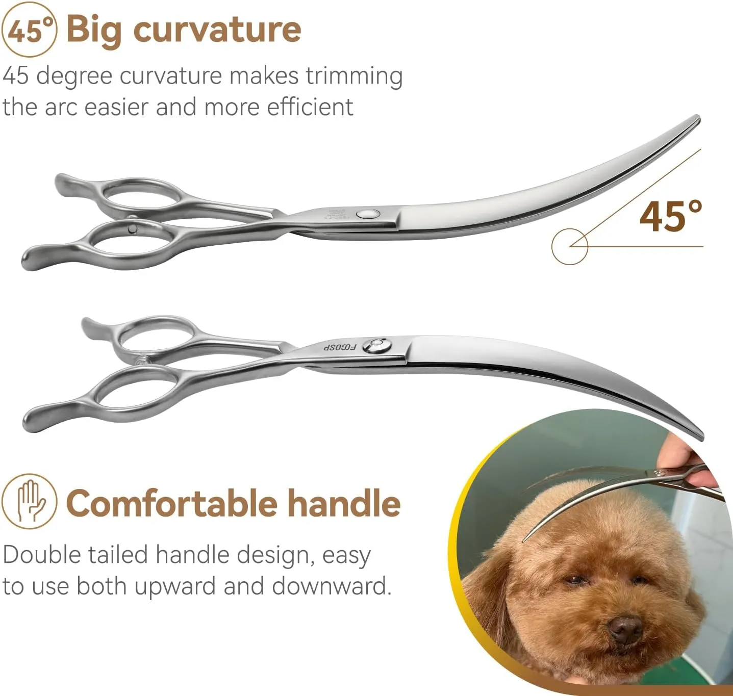 Professional 45°Curved Grooming Scissors for Dogs 7.5 in Big Arc Curved Shears for Professional Groomer Japan VG10 High-carbon Steel Right Hand Matte