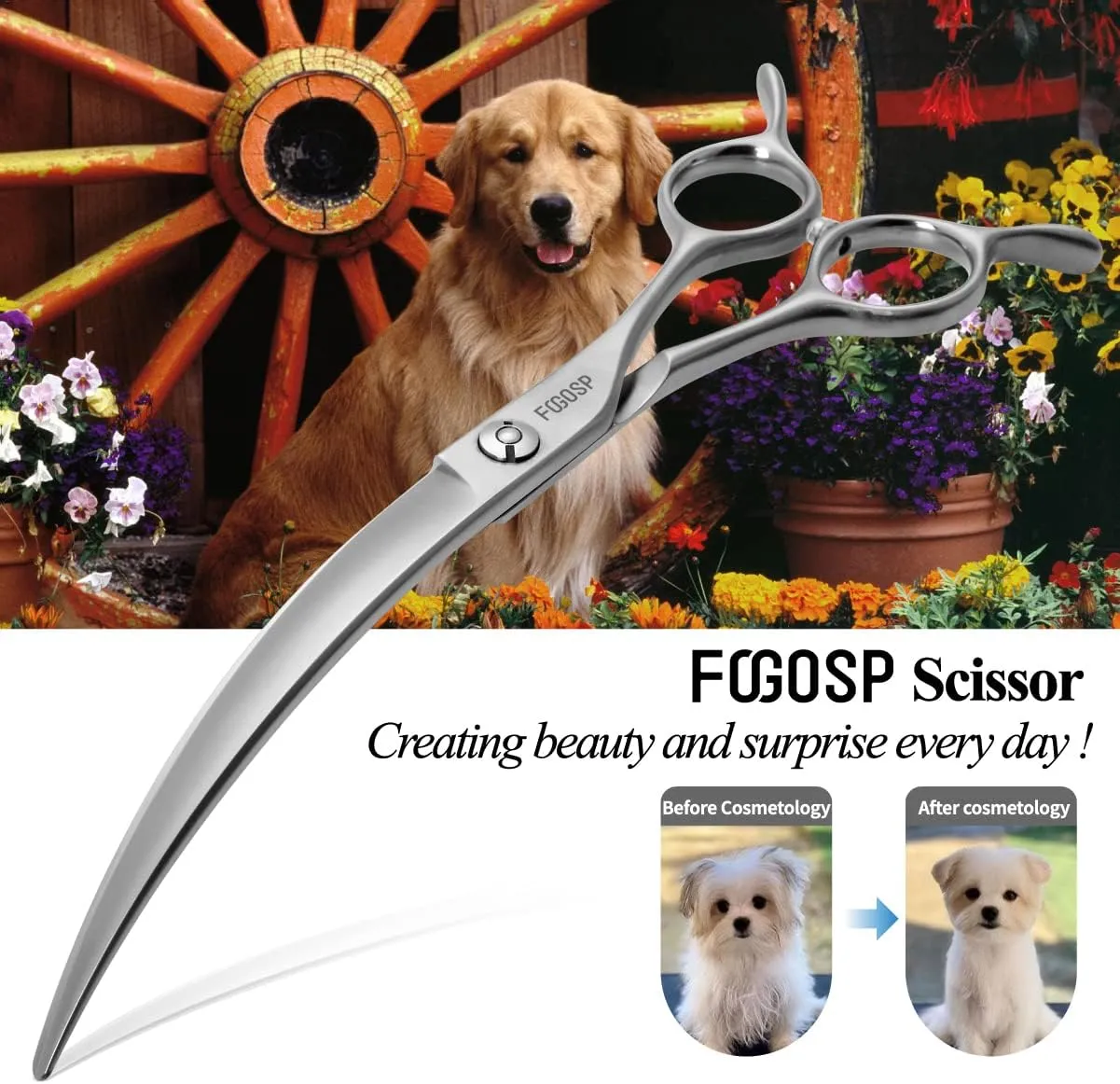 Professional 45°Curved Grooming Scissors for Dogs 7.5 in Big Arc Curved Shears for Professional Groomer Japan VG10 High-carbon Steel Right Hand Matte
