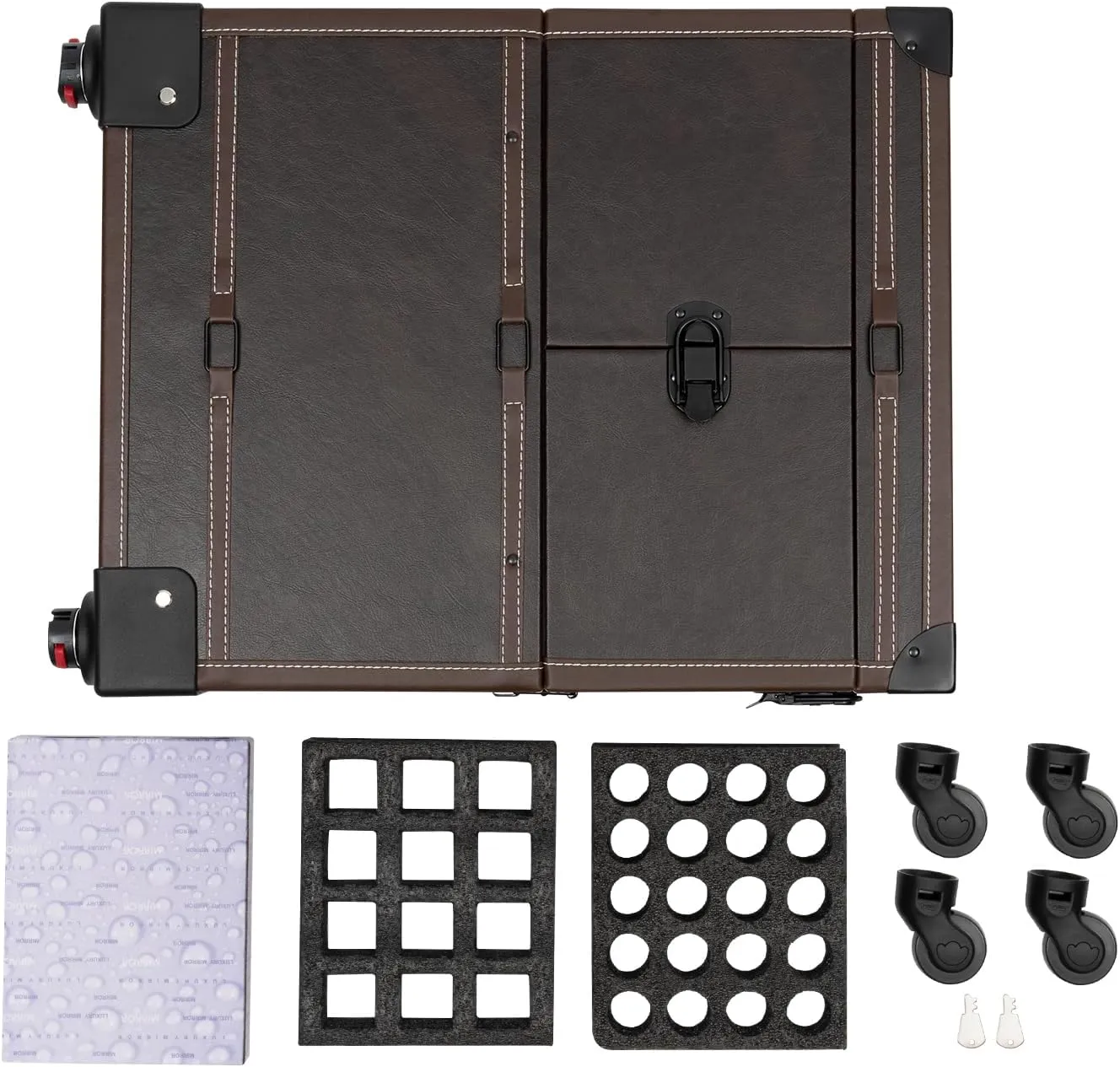Professional Makeup with Mirror Train Case Rolling Cosmestic Organizer with Wheels, Keys & Mirror Large Lockable Cosmetic Trolley for Travel Makeup/Nail Art/Hair Styling (Coffee)