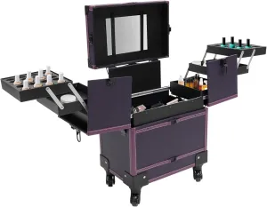 Professional Makeup with Mirror Train Case Rolling Cosmestic Organizer with Wheels, Keys & Mirror Large Lockable Cosmetic Trolley for Travel Makeup/Nail Art/Hair Styling (Purple)