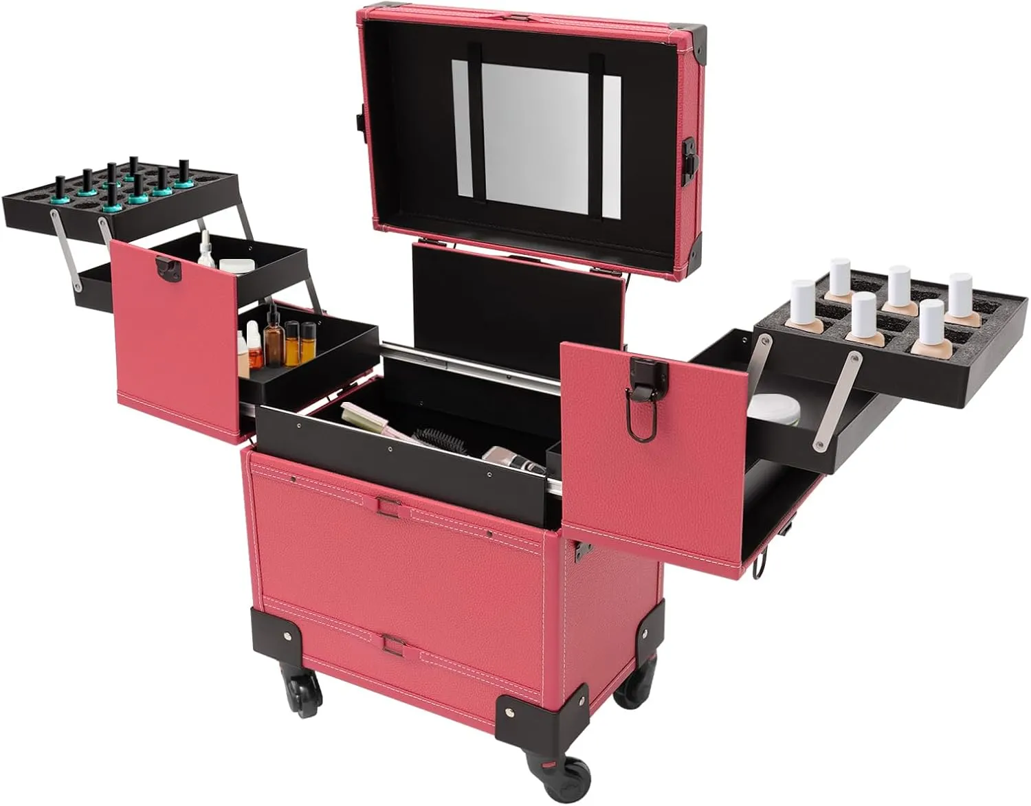 Professional Makeup with Mirror Train Case Rolling Cosmestic Organizer with Wheels, Keys & Mirror Large Lockable Cosmetic Trolley for Travel Makeup/Nail Art/Hair Styling (Rose)