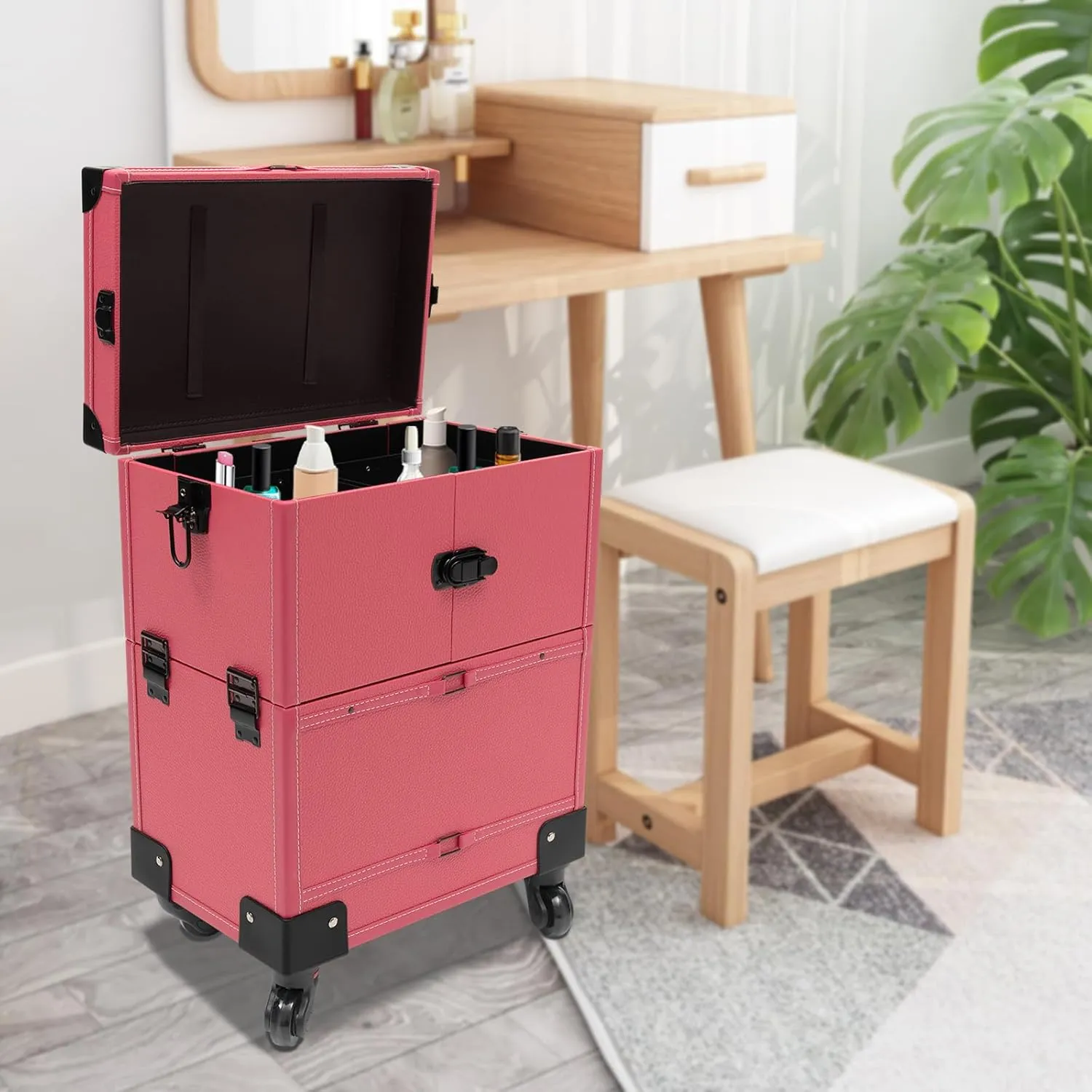 Professional Rolling Makeup Train Case, Multi-Functional Cosmetic Train Case with Mirror & Universal Wheels Lockable Portable Cosmetic Organizer Trolley, Beauty Trolley Cosmetic Organizer Box (Rose)