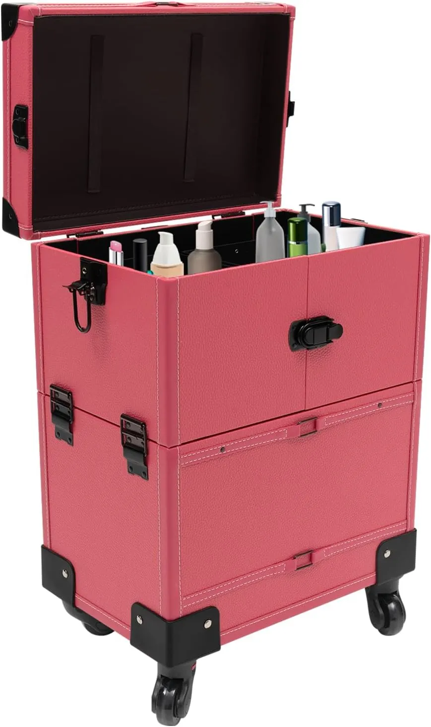 Professional Rolling Makeup Train Case, Multi-Functional Cosmetic Train Case with Mirror & Universal Wheels Lockable Portable Cosmetic Organizer Trolley, Beauty Trolley Cosmetic Organizer Box (Rose)