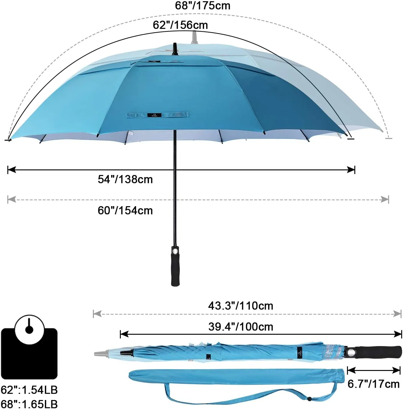 Prospo 62 Inch Extra Large Golf Umbrella Double Canopy Automatic Open Sun Rain Stick Umbrellas Windproof Waterproof Oversized (Sky Blue)