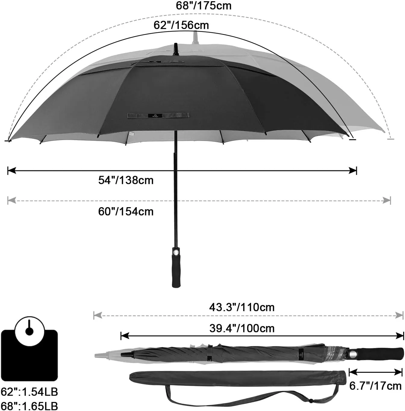 Prospo 68 Inch Extra Large Golf Umbrella Double Canopy Automatic Open Sun Rain Stick Umbrellas Windproof Waterproof Oversized (Black XL)