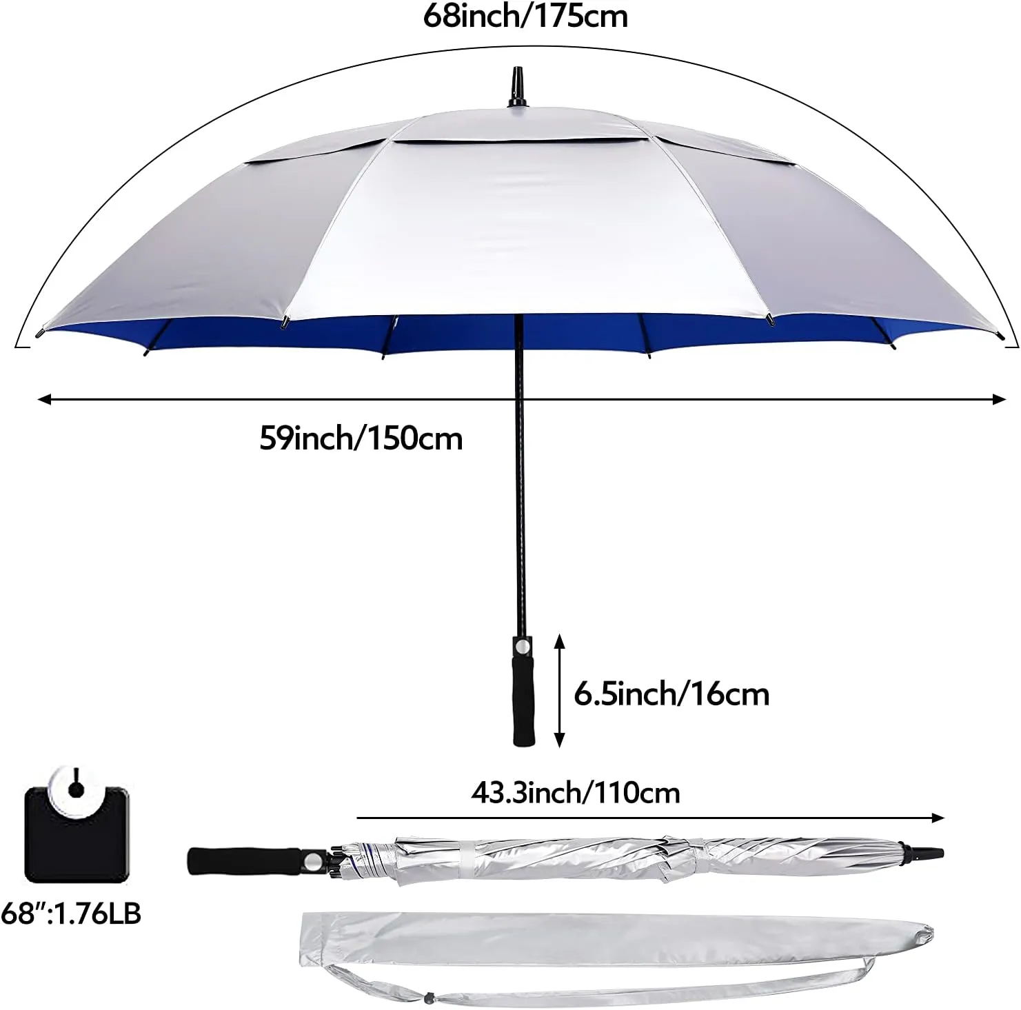Prospo 68inch Golf Umbrella UV Protection Extra Large Oversized Heavy Duty Auto Open Double Canopy Vented Sun Rain Umbrella Windproof Blue