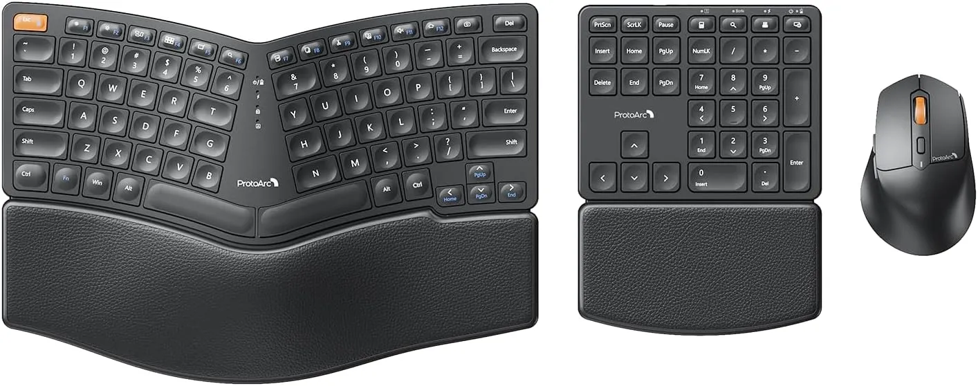ProtoArc Ergonomic Keyboard Mouse, EKM04 2.4GHz Wireless Ergo Keyboard Mouse Combo, Separate Numeric Keypad, Split Design, Wrist Rest, Rechargeable, for Desktop, PC, Laptop, Windows
