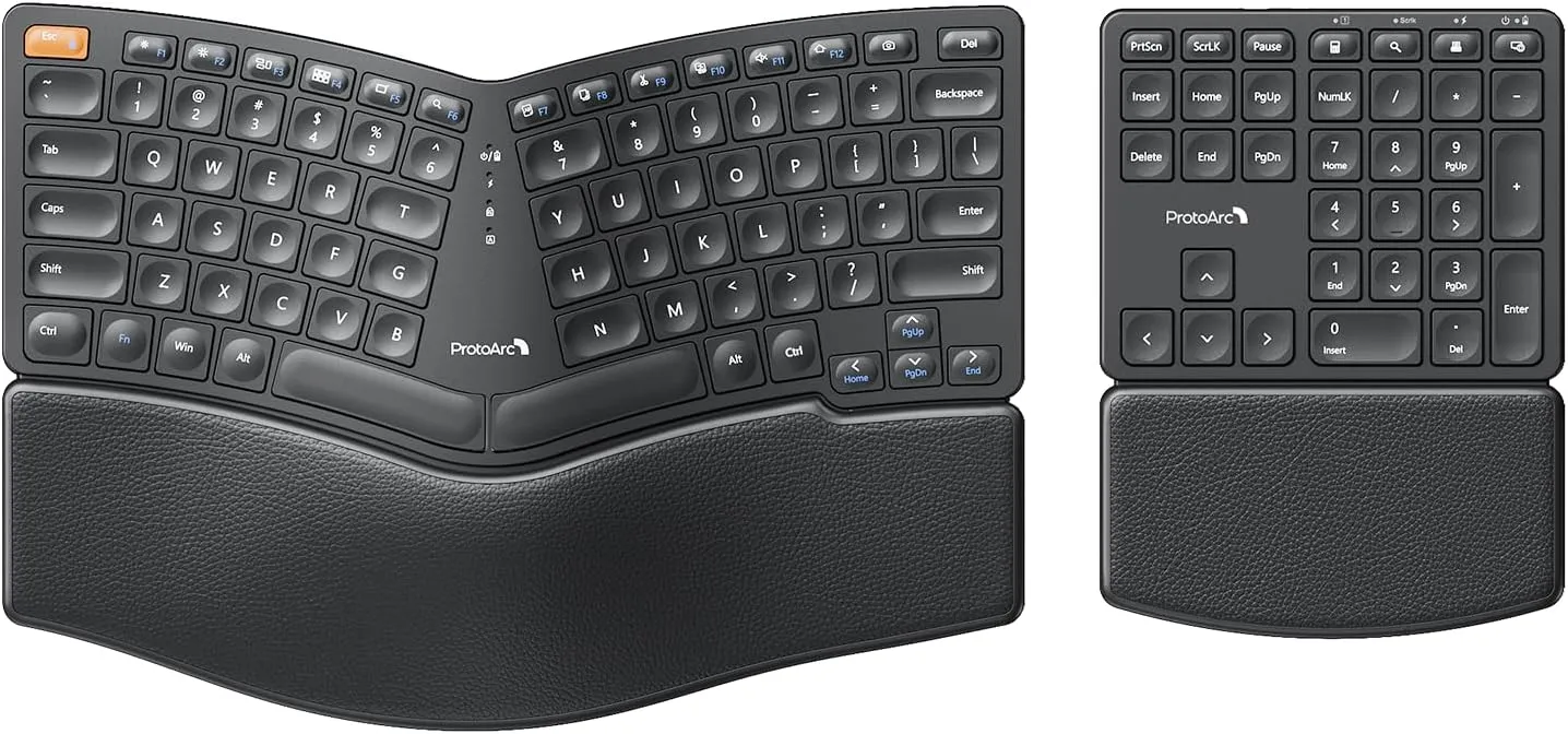 ProtoArc Wireless Ergonomic Keyboard, EK04 2.4GHz Wireless Ergo Keyboard with Separate Numeric Keypad, Split Design, Wrist Rest, Rechargeable, for Desktop, PC, Laptop