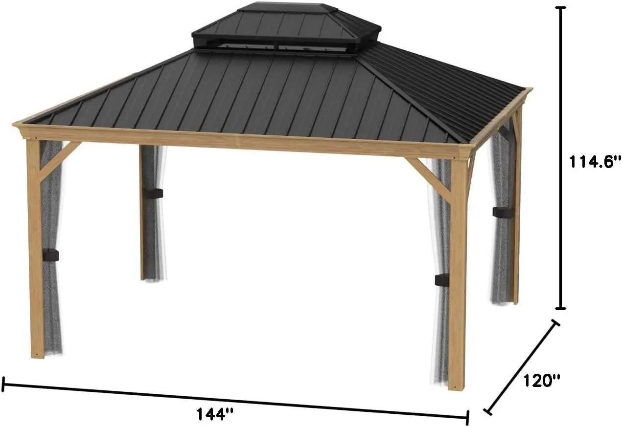 PURPLE LEAF 10' X 12' Outdoor Hardtop Gazebo for Patio Galvanized Steel Double Roof Permanent Canopy Teak Finish Coated Aluminum Frame Pavilion Gazebo with Netting