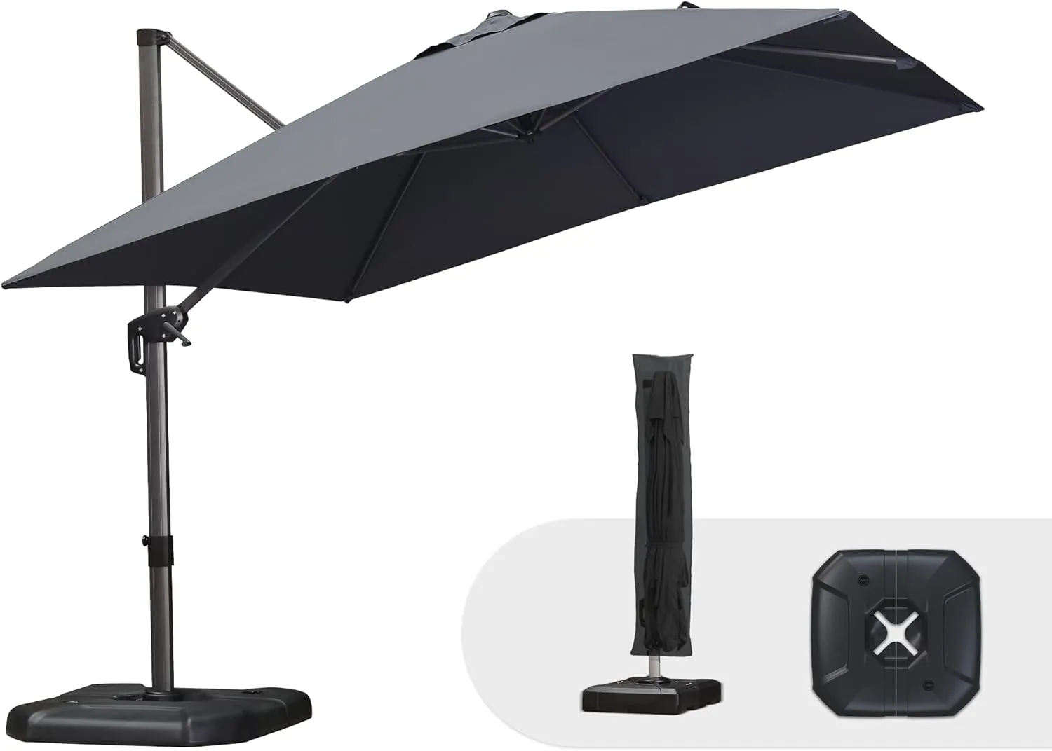 PURPLE LEAF 10'×10' Patio Umbrella with Base and Cover Outdoor Umbrella Large Cantilever Umbrella Windproof Offset Umbrella Heavy Duty Sun Umbrella for Garden Deck Pool Patio Grey