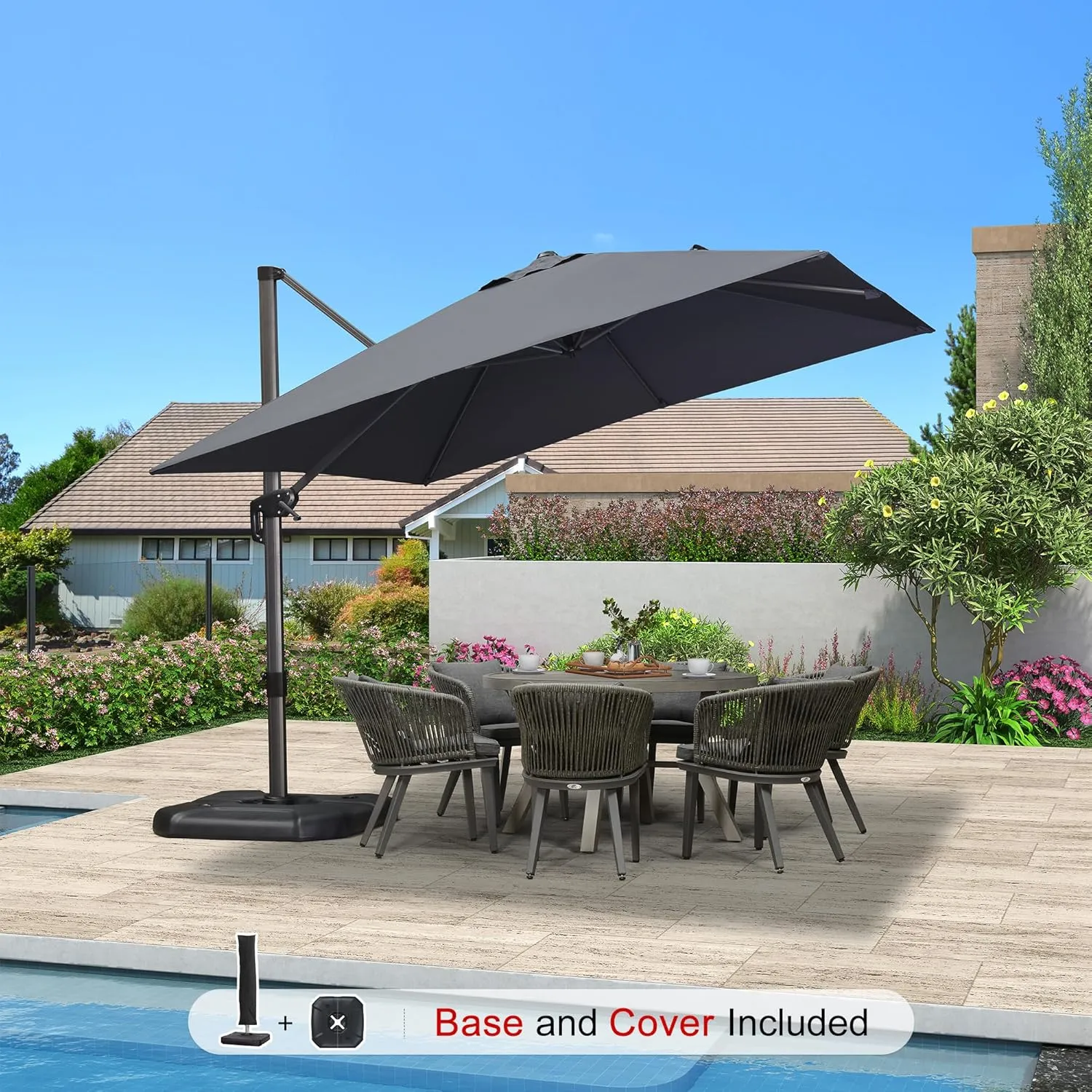 PURPLE LEAF 10'×10' Patio Umbrella with Base and Cover Outdoor Umbrella Large Cantilever Umbrella Windproof Offset Umbrella Heavy Duty Sun Umbrella for Garden Deck Pool Patio Grey