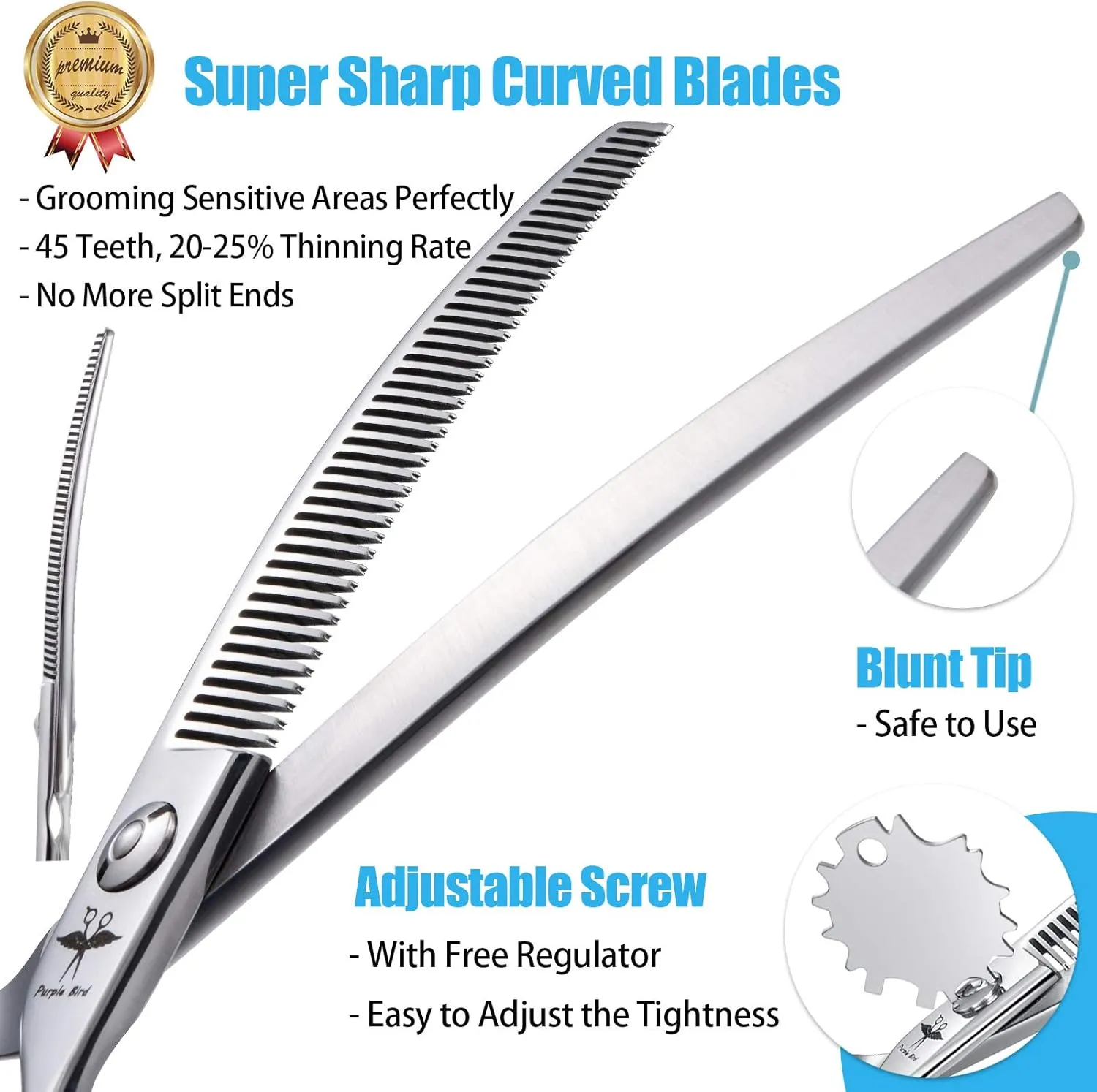 PURPLEBIRD 6.5 Inch Downward Curved Dog Grooming Scissors Pet Thinning Texturizing Shears Professional Safety Blunt Tip Trimming Shearing for Dogs Cats Face Paws Limbs Japanese Stainless Steel Silver