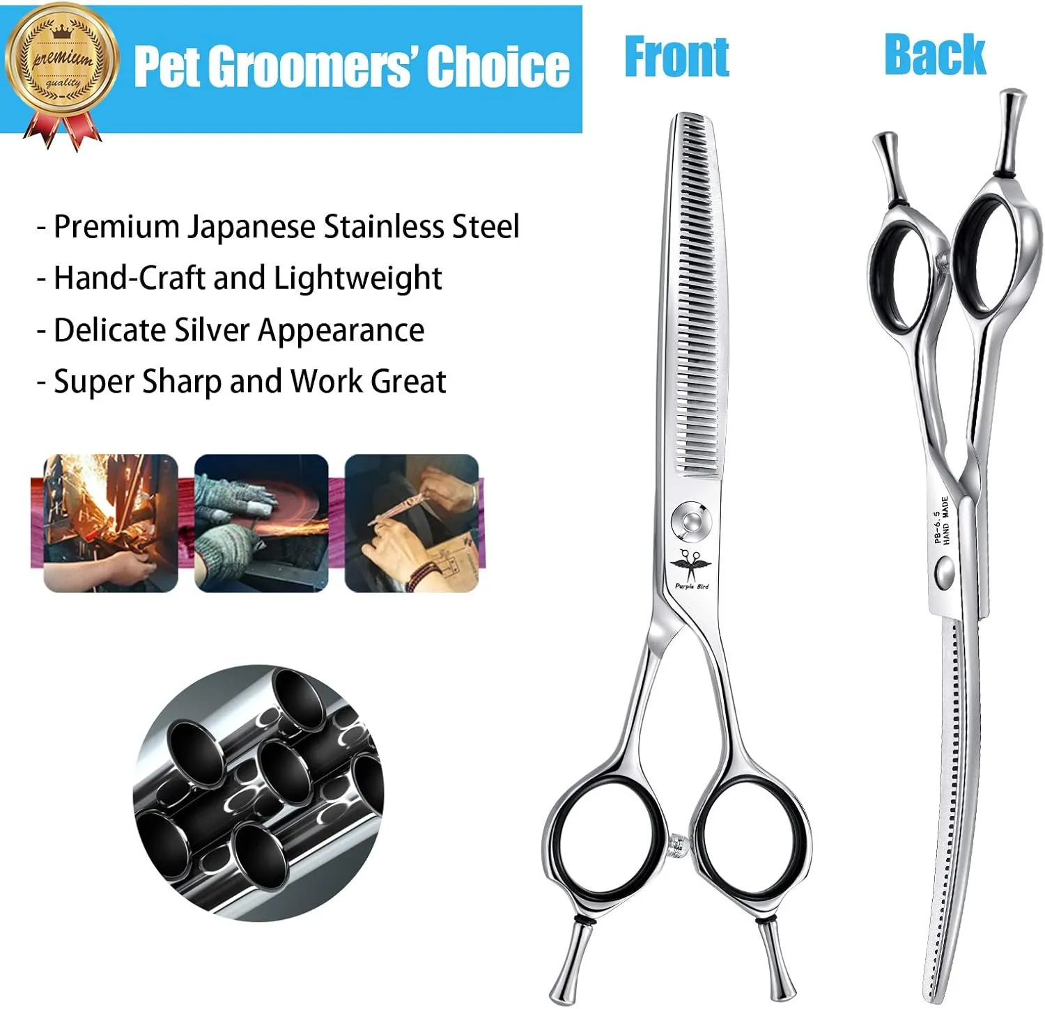 PURPLEBIRD 6.5 Inch Downward Curved Dog Grooming Scissors Pet Thinning Texturizing Shears Professional Safety Blunt Tip Trimming Shearing for Dogs Cats Face Paws Limbs Japanese Stainless Steel Silver