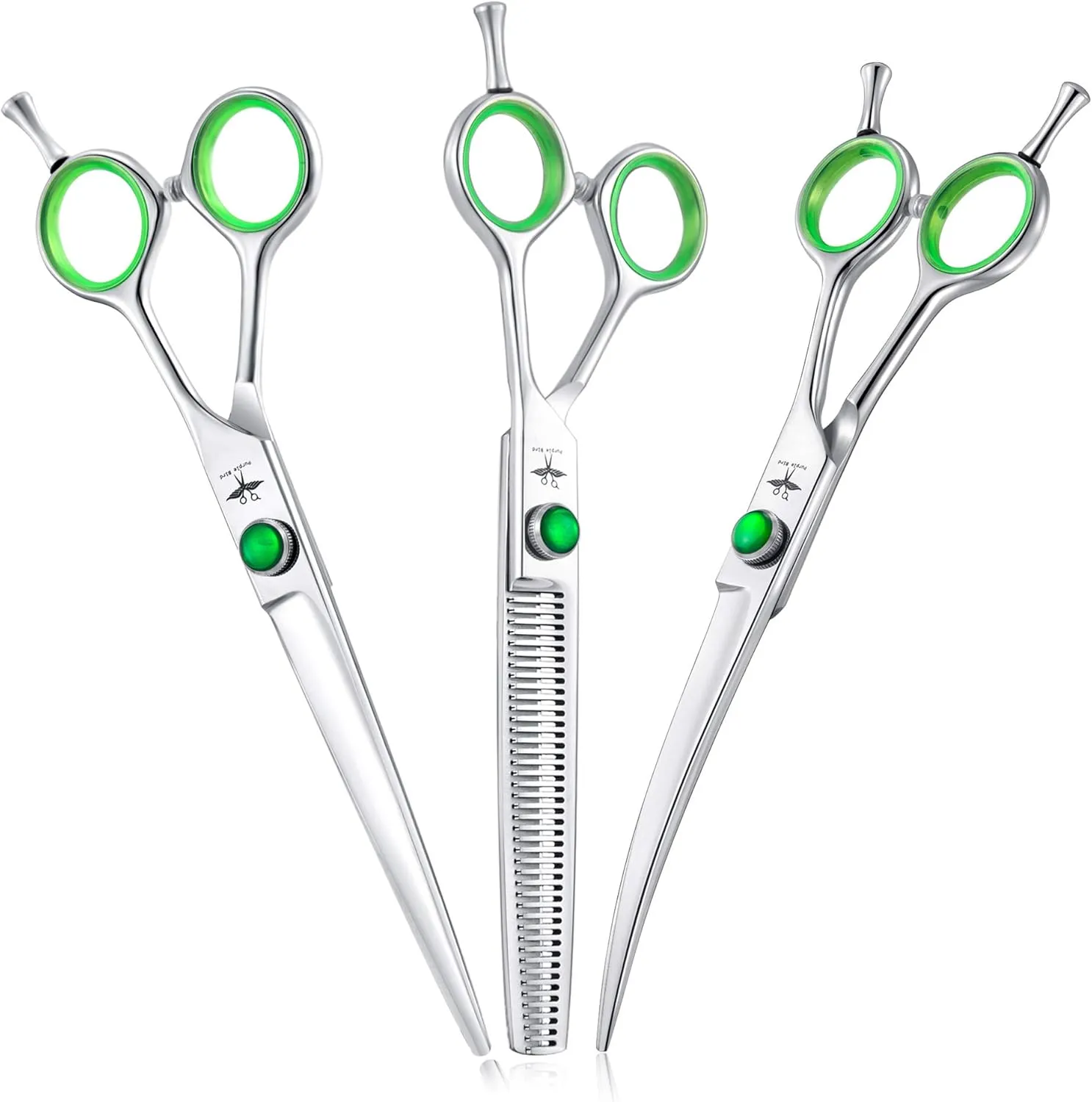 PURPLEBIRD 7 Inch Straight, Downward Curved Dog Grooming Scissors Set Professional Pet Cutting, Thinning Texturizing Shears Safety Blunt Tip Trimming Shearing Dog Cat Japanese Stainless Steel Silver