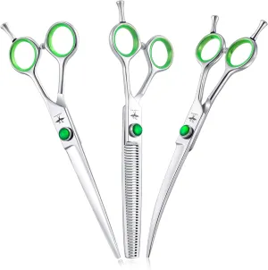 PURPLEBIRD 7 Inch Straight, Downward Curved Dog Grooming Scissors Set Professional Pet Cutting, Thinning Texturizing Shears Safety Blunt Tip Trimming Shearing Dog Cat Japanese Stainless Steel Silver