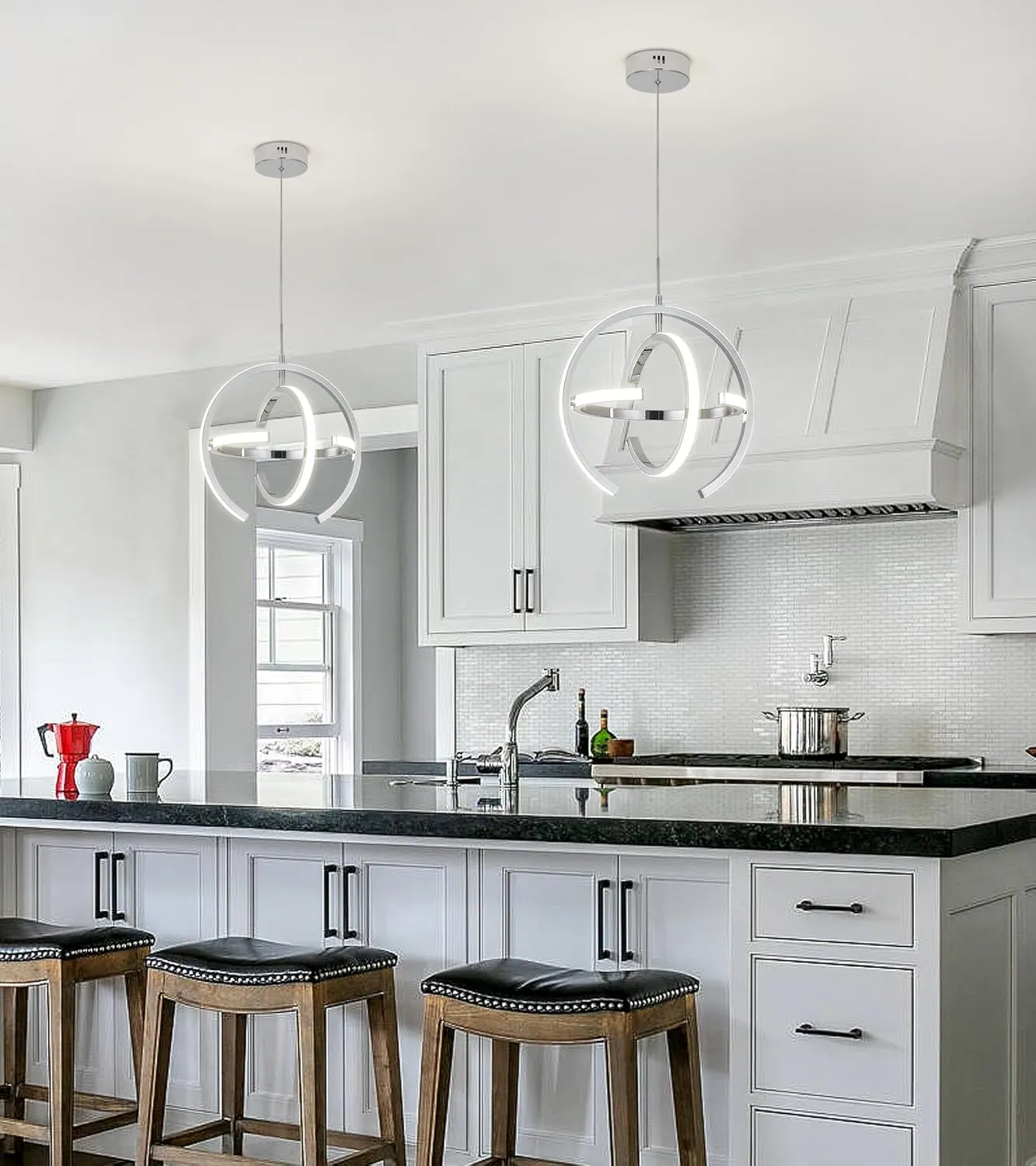 Q&S Modern Led Chandelier Chrome Silver Round Globe LED Hanging Pendant Light Fixtures for Entryway Kitchen Island Dining Room Living Room
