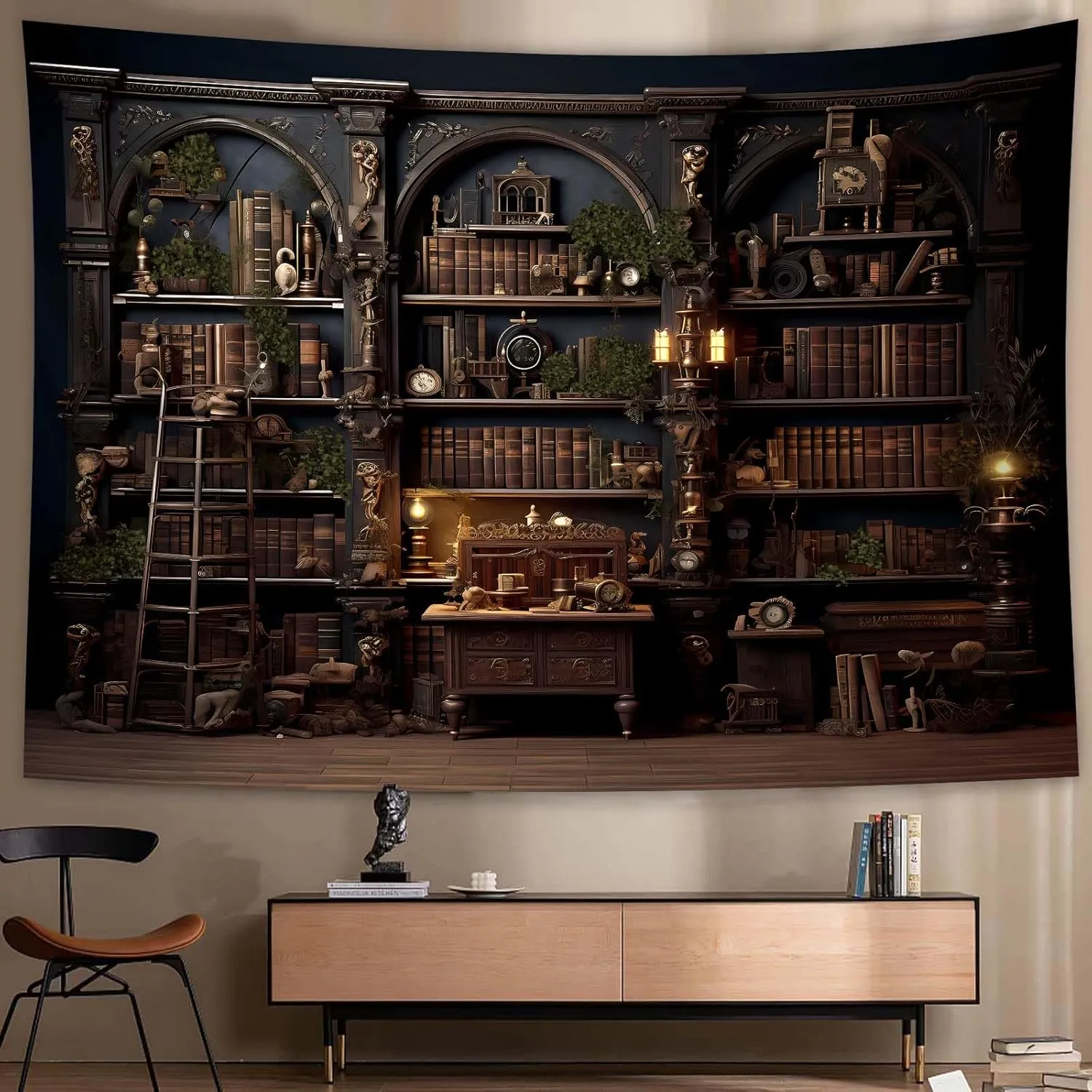 QGHOT Medieval Bookshelf Tapestry, Vintage Gothic Bookcase Bookshelf Backdrop Spooky Library Tapestries Wall Hanging Dark Academia Wall Art for Bedroom Living Room Large Office Zoom 78.7L x 104W