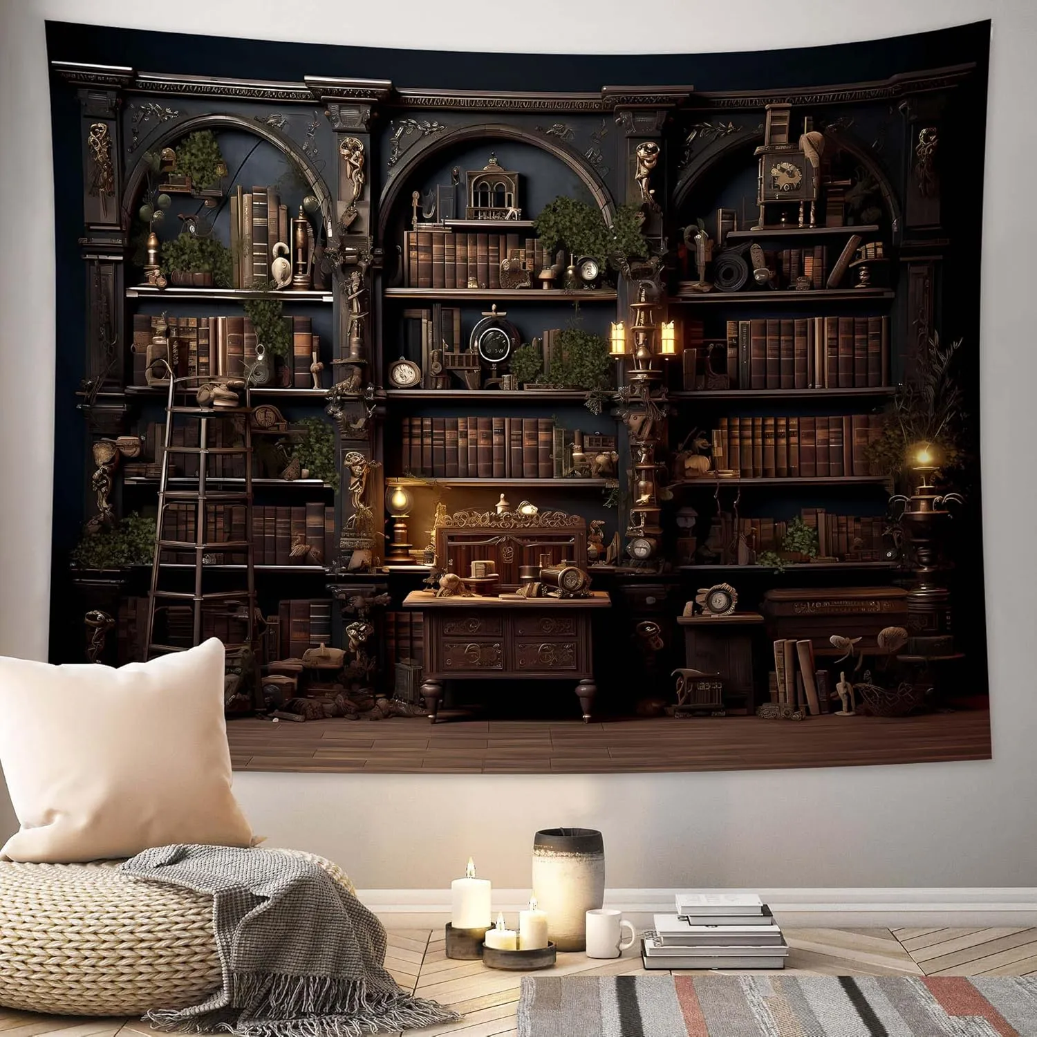 QGHOT Medieval Bookshelf Tapestry, Vintage Gothic Bookcase Bookshelf Backdrop Spooky Library Tapestries Wall Hanging Dark Academia Wall Art for Bedroom Living Room Large Office Zoom 78.7L x 104W