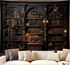 QGHOT Medieval Bookshelf Tapestry, Vintage Gothic Bookcase Bookshelf Backdrop Spooky Library Tapestries Wall Hanging Dark Academia Wall Art for Bedroom Living Room Large Office Zoom 78.7L x 104W