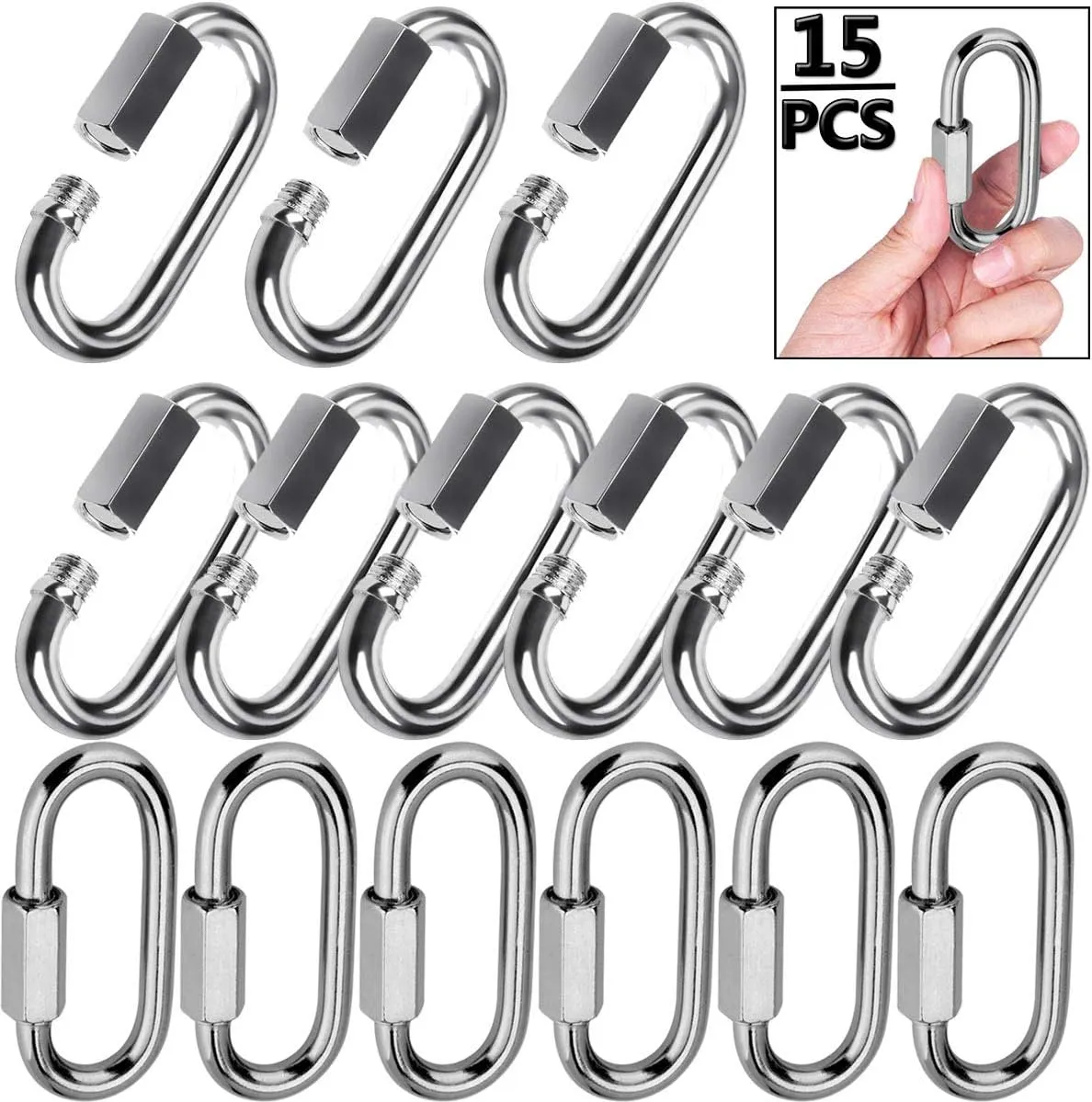 Quick Link, Lsqurel 304 Stainless Steel D Shape Locking Carabiner Heavy Duty Chain Link Keychain for Outdoor Fence Gate Swings Pet Dog M4 M6 M8 M10 Capacity 200lb 600lb 1200lb 2400lb