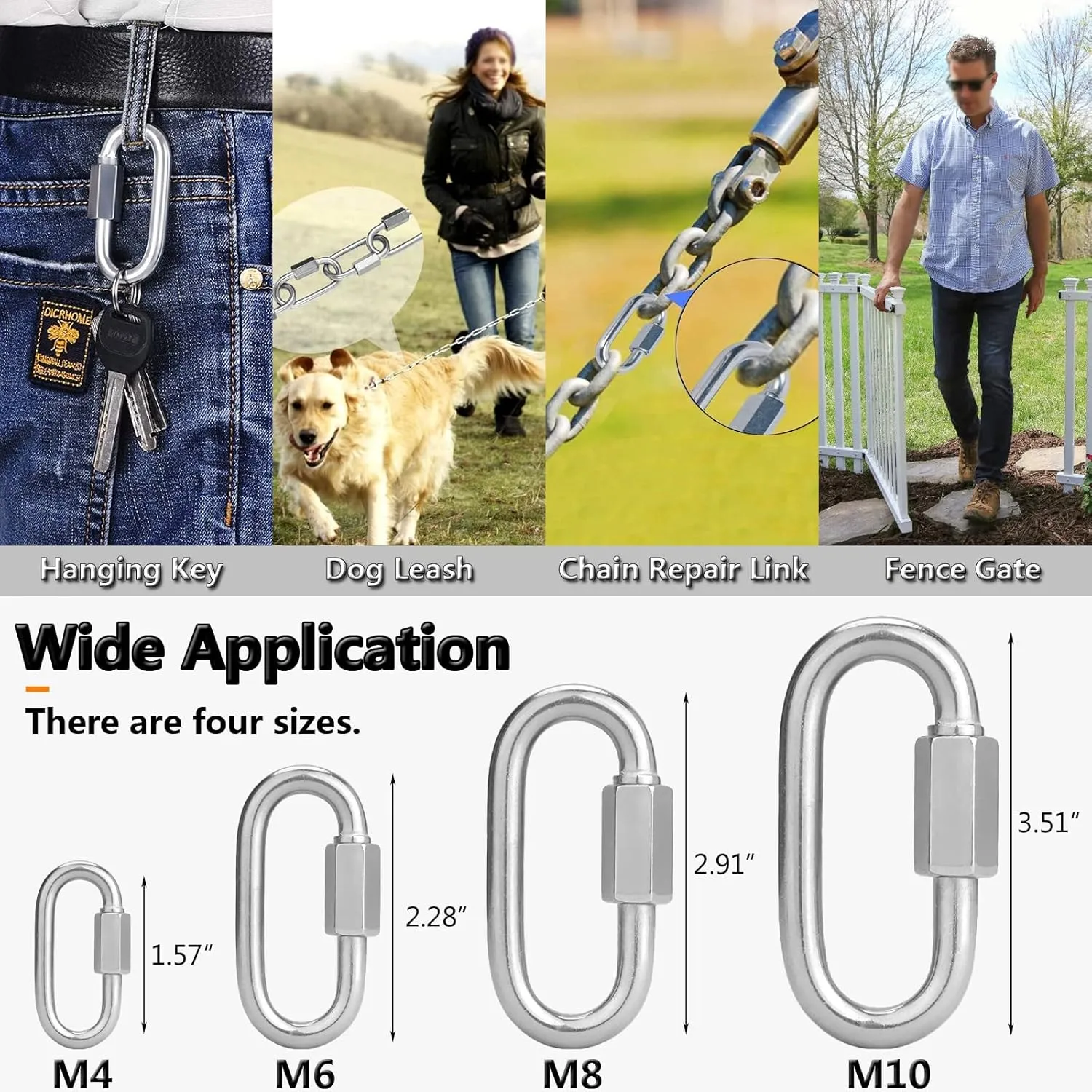 Quick Link, Lsqurel 304 Stainless Steel D Shape Locking Carabiner Heavy Duty Chain Link Keychain for Outdoor Fence Gate Swings Pet Dog M4 M6 M8 M10 Capacity 200lb 600lb 1200lb 2400lb