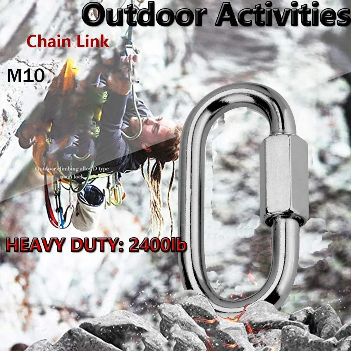 Quick Link, Lsqurel 304 Stainless Steel D Shape Locking Carabiner Heavy Duty Chain Link Keychain for Outdoor Fence Gate Swings Pet Dog M4 M6 M8 M10 Capacity 200lb 600lb 1200lb 2400lb