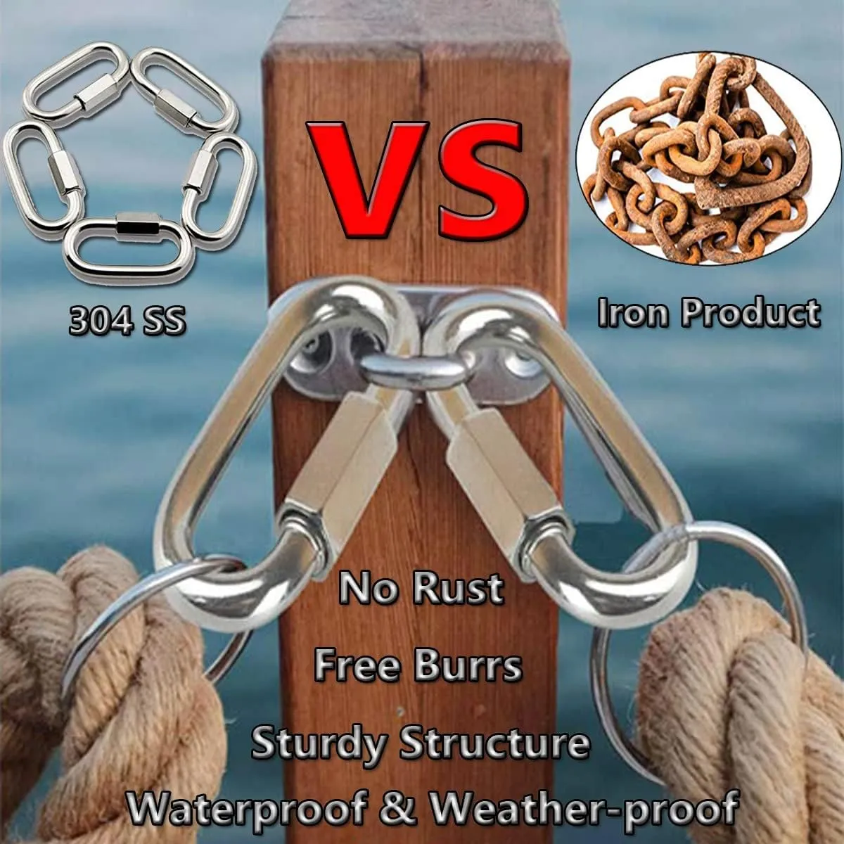 Quick Link, Lsqurel 304 Stainless Steel D Shape Locking Carabiner Heavy Duty Chain Link Keychain for Outdoor Fence Gate Swings Pet Dog M4 M6 M8 M10 Capacity 200lb 600lb 1200lb 2400lb