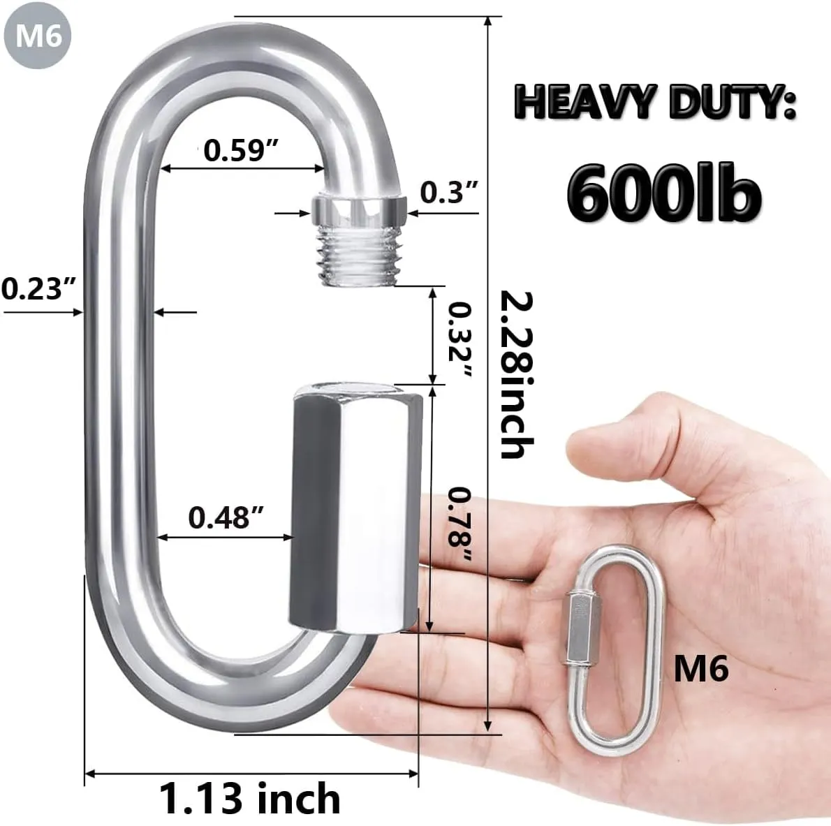 Quick Link, Lsqurel 304 Stainless Steel D Shape Locking Carabiner Heavy Duty Chain Link Keychain for Outdoor Fence Gate Swings Pet Dog M4 M6 M8 M10 Capacity 200lb 600lb 1200lb 2400lb