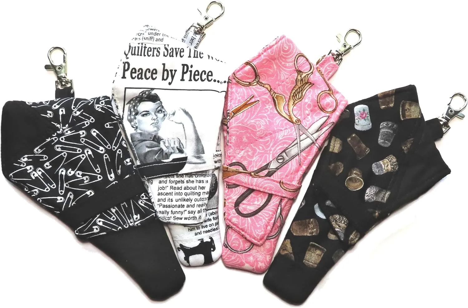 Quilted Scissor Holder with 4.5" Curved Embroidery Scissors, Lobster Clip,Your Choice Thimbles, Pins,Scissors or Rosie Riveter, Flap Closure