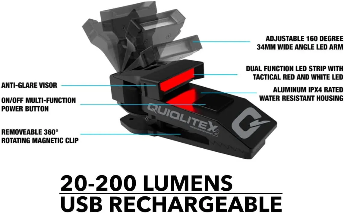 QUIQLITEX2 Tactical Red/White Hands-Free LED Pocket Light, 20-200 Lumens, Aluminum Housing (USB Rechargeable)