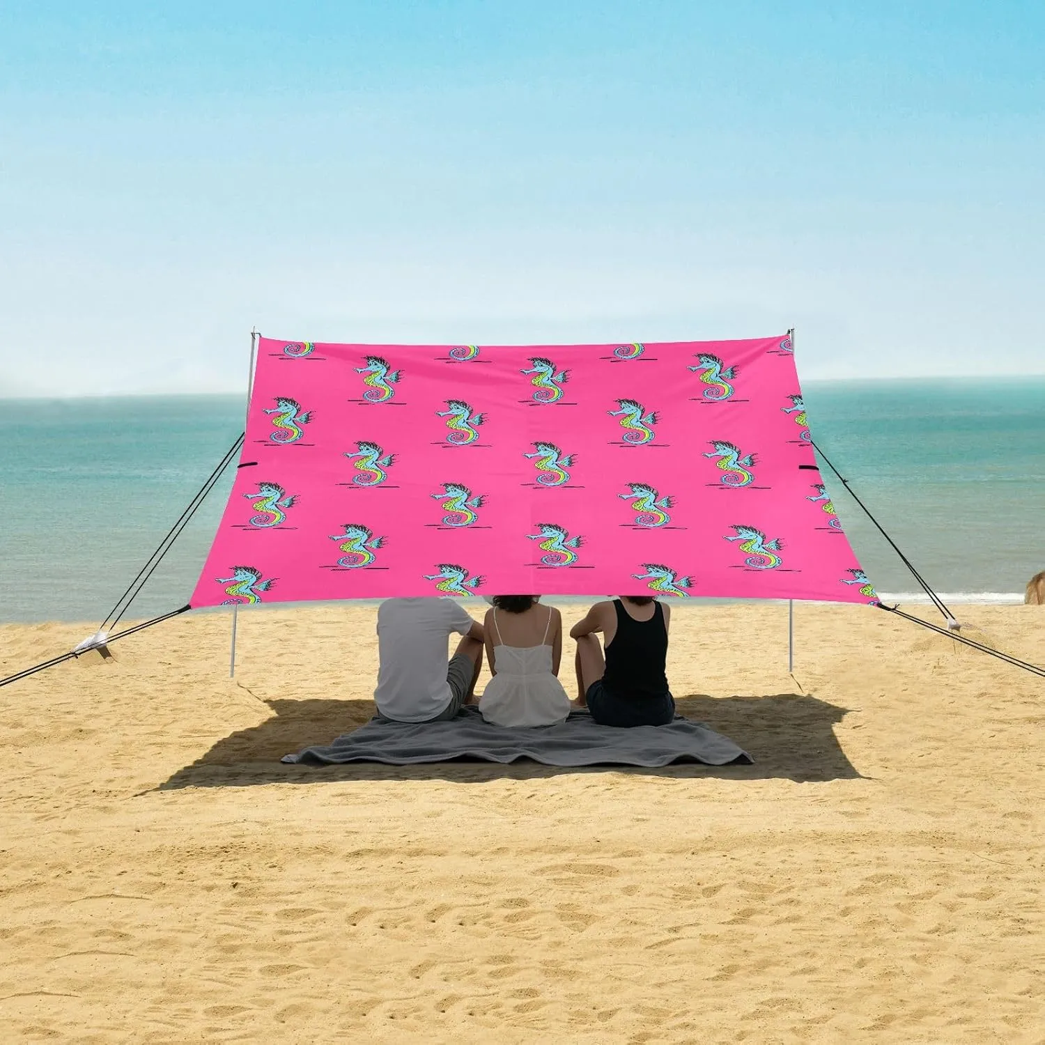 Quirky Seahorse Beach Canopy Tent Anti-UV & Wind Resistant, Pink Camping Sun Shelter Easy Setup Portable,Outdoor Shade Tents with Sandbags,Sand Shovels,Ground Pegs & Stability Poles