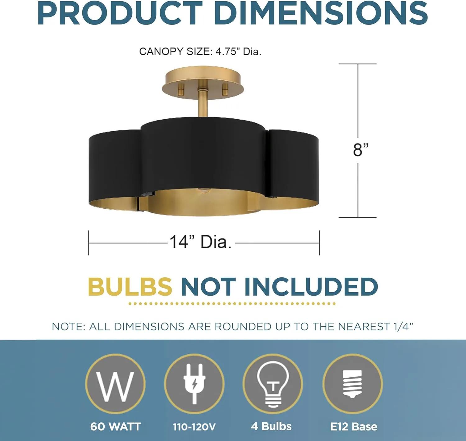 Quoizel Balsam Semi-Flush Mount Ceiling Light Fixture, 14 Inch 4-Light 60W Matte Black Hanging Light with Metal Shade and Gold Accents for Hallway, Kitchen, Bedroom, Living Room or Office