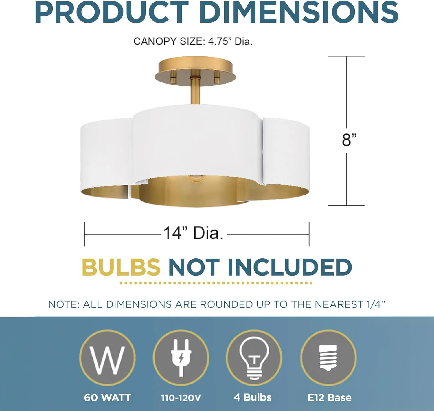 Quoizel Balsam Semi-Flush Mount Ceiling Light Fixture, 14 Inch 4-Light 60W Matte White Hanging Light with Metal Shade and Gold Accents for Hallway, Kitchen, Bedroom, Living Room or Office