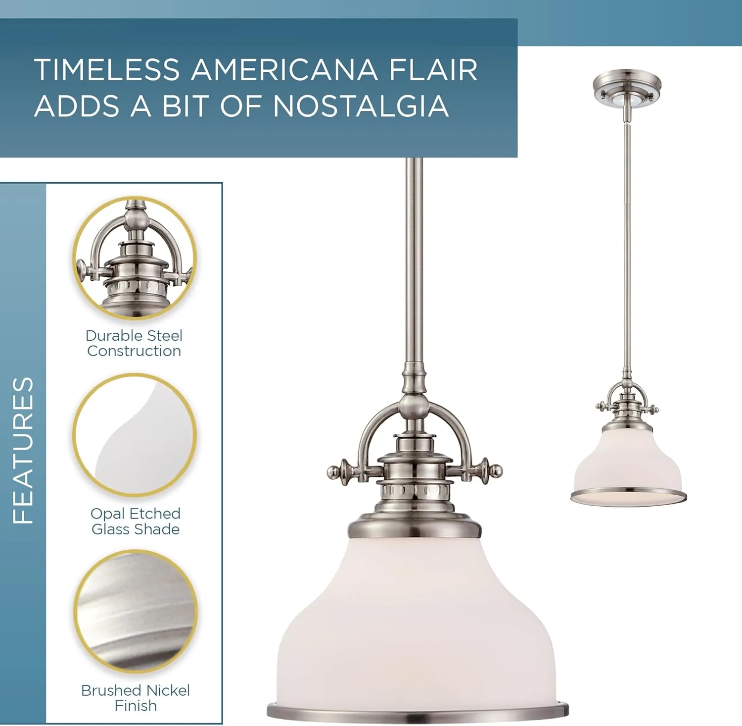 Quoizel Grant Mini Pendant Lighting, 8 Inch 1-Light Brushed Nickel Opal Etched Glass Pendant Light, Hanging Ceiling Light for Kitchen Island, Dining Room, Hallway, Bedroom, Bar, Cafe or Office