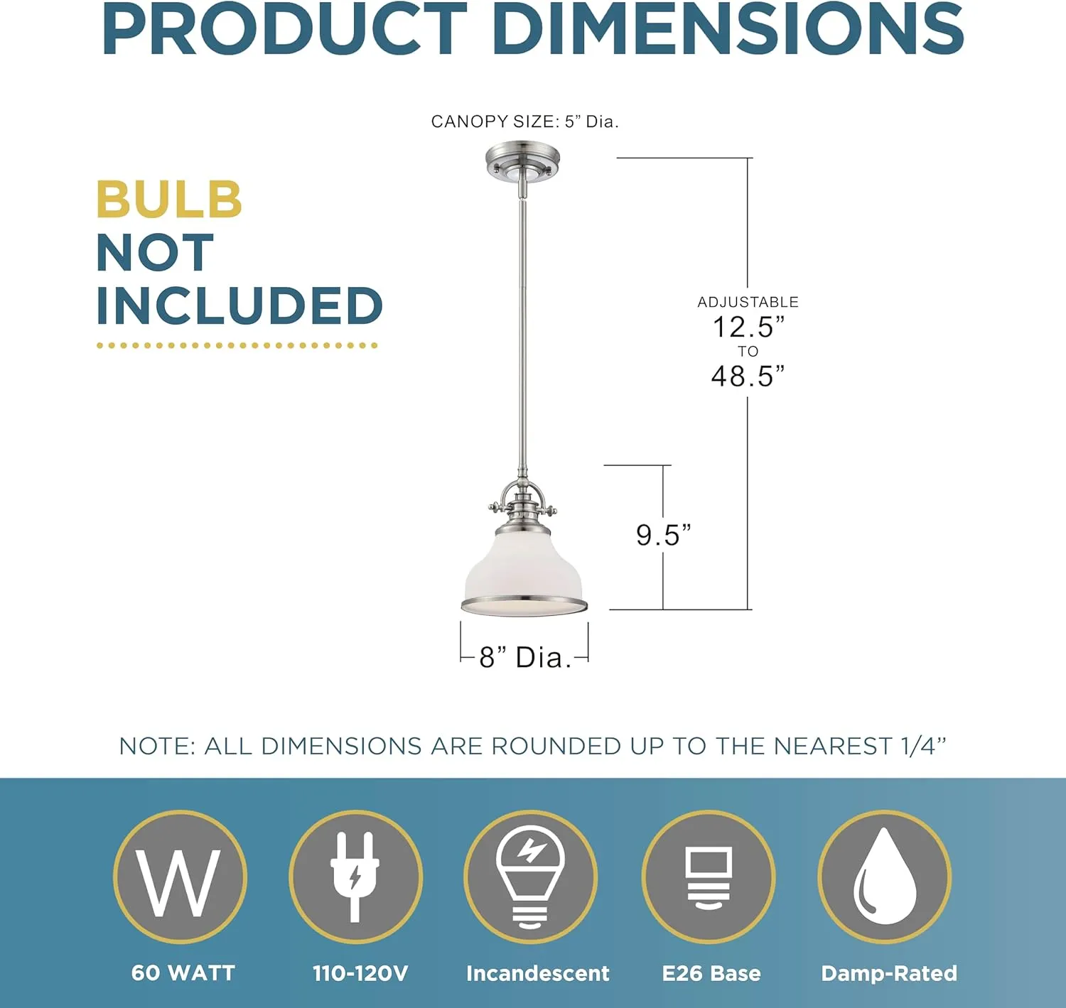 Quoizel Grant Mini Pendant Lighting, 8 Inch 1-Light Brushed Nickel Opal Etched Glass Pendant Light, Hanging Ceiling Light for Kitchen Island, Dining Room, Hallway, Bedroom, Bar, Cafe or Office